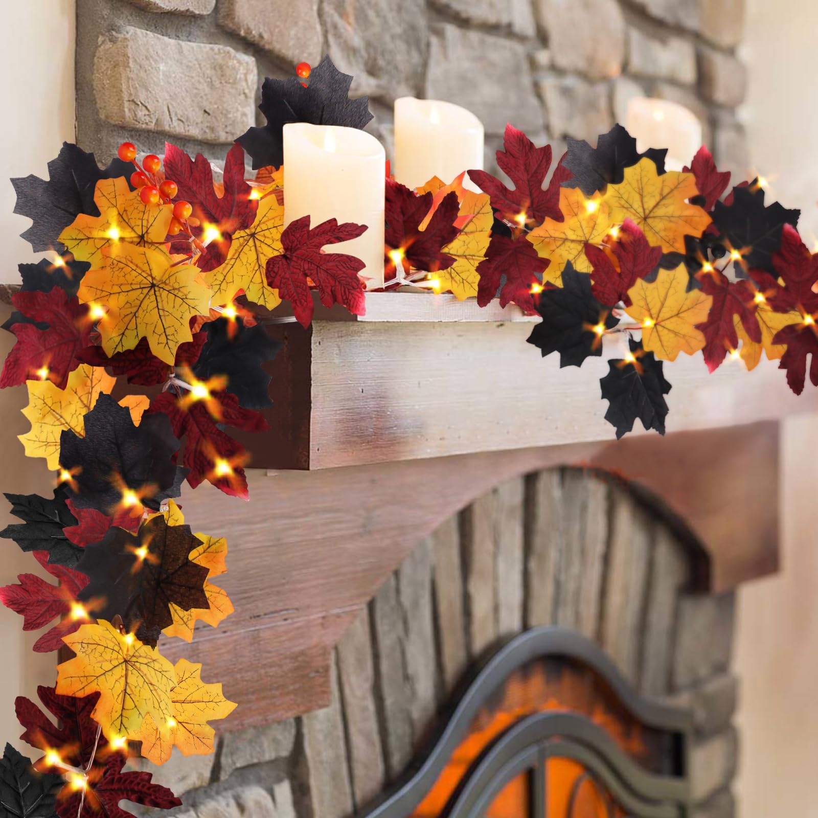 Halloween Decorations Fall Garland String Lights With Timer Remote, 50 Led 16.4Ft Fall Lighted Black Maple Leaves Garlands Outdoor, Battery Operated Fall Lights For Home Party Indoor Mantle Fireplace