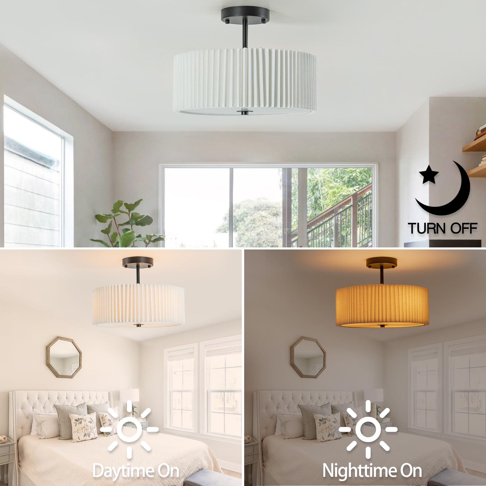 Bargeni Semi Flush Mount Ceiling Light,12.5 Inch Ceiling Light Fixture,Black Flush Mount Light Fixture With Pleated Fabric Drum