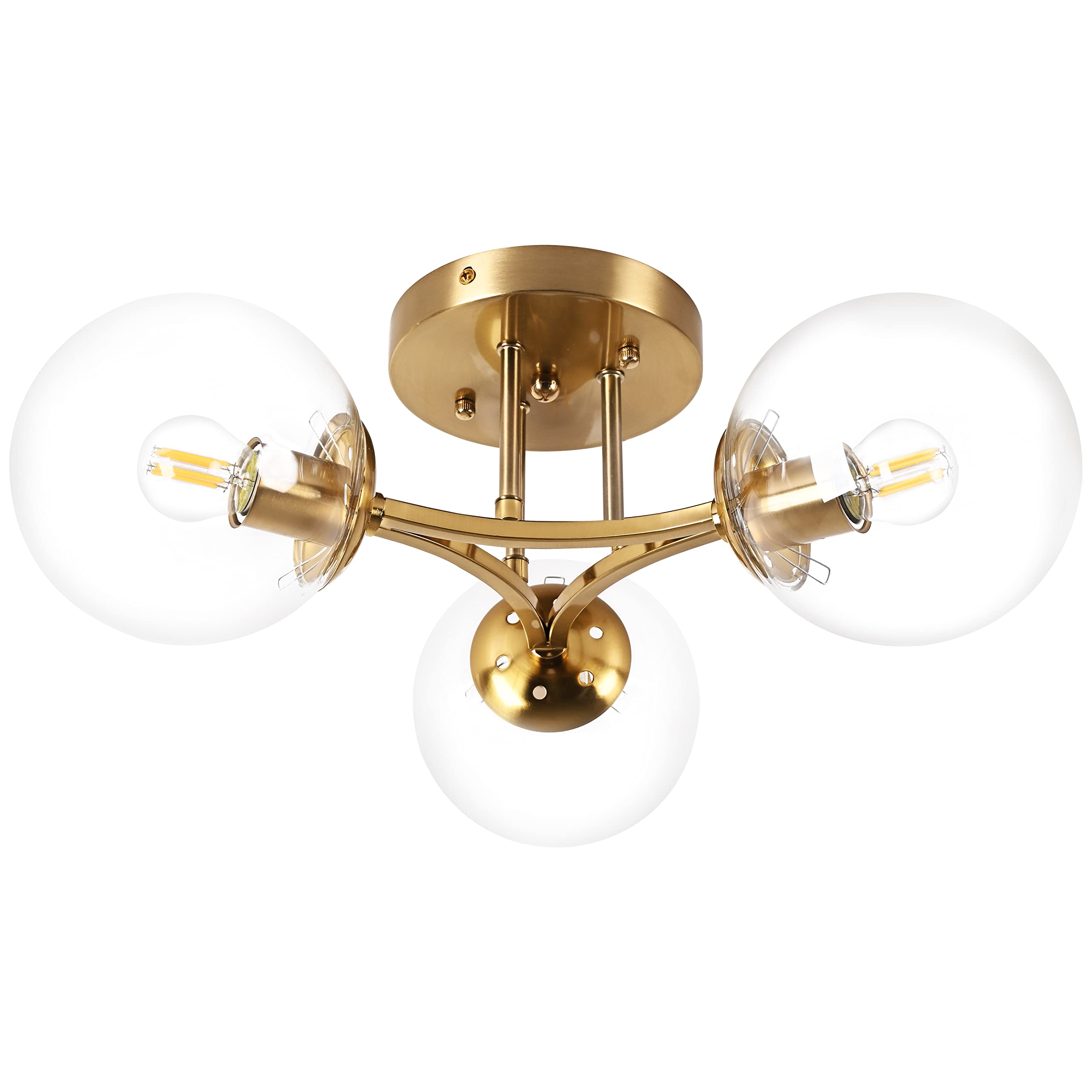 Bagood Mid Century Modern Ceiling Light Clear Globe Semi Flush Mount Ceiling Light Gold Sputnik Light Fixture Chandeliers Clear Glass Brushed Brass Chandeliers Living Room Dining Room Bedroom 3 Lights