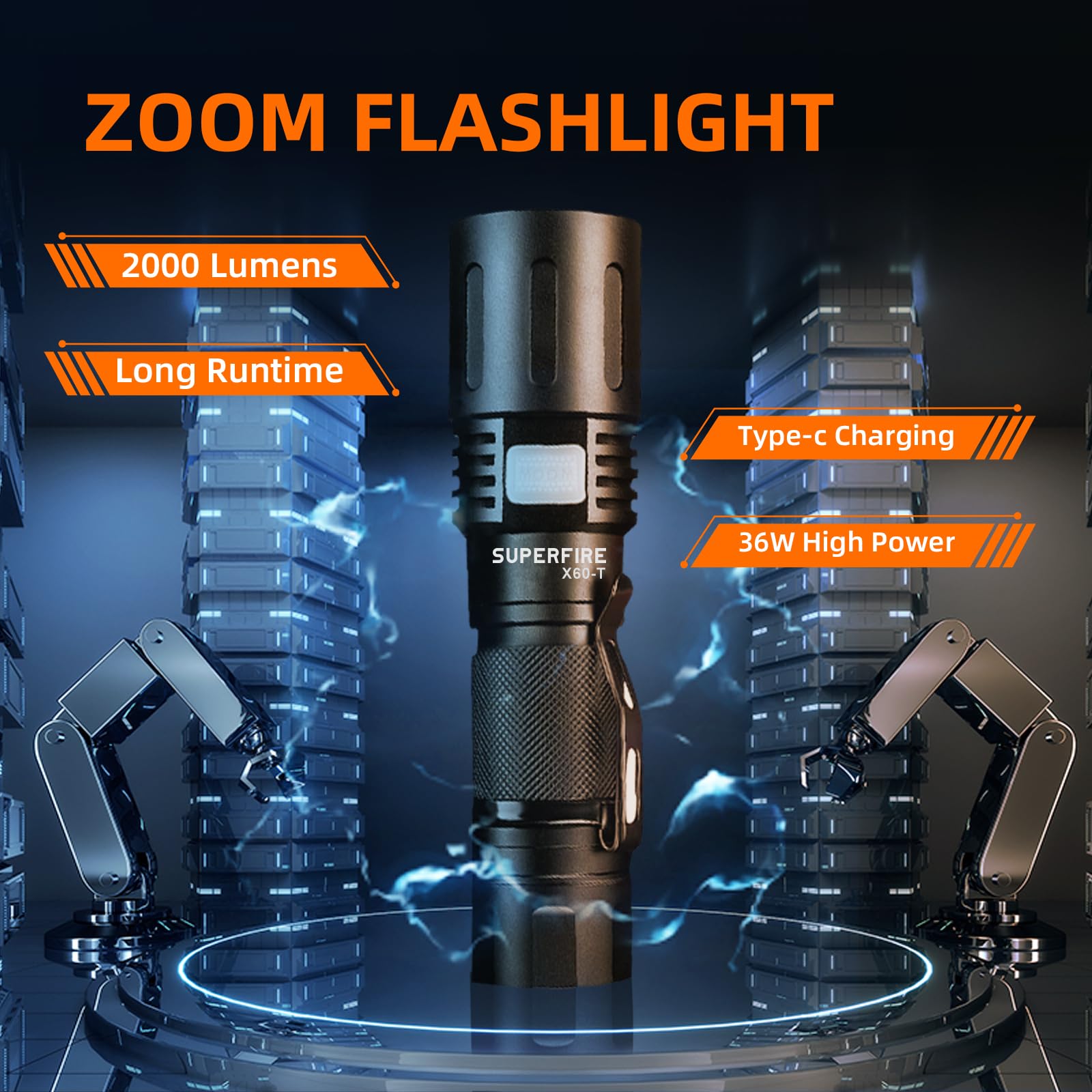 Superfire 2000 High Lumens Led Flashlight, Rechargeable, Zoomable Tactical Light For Camping