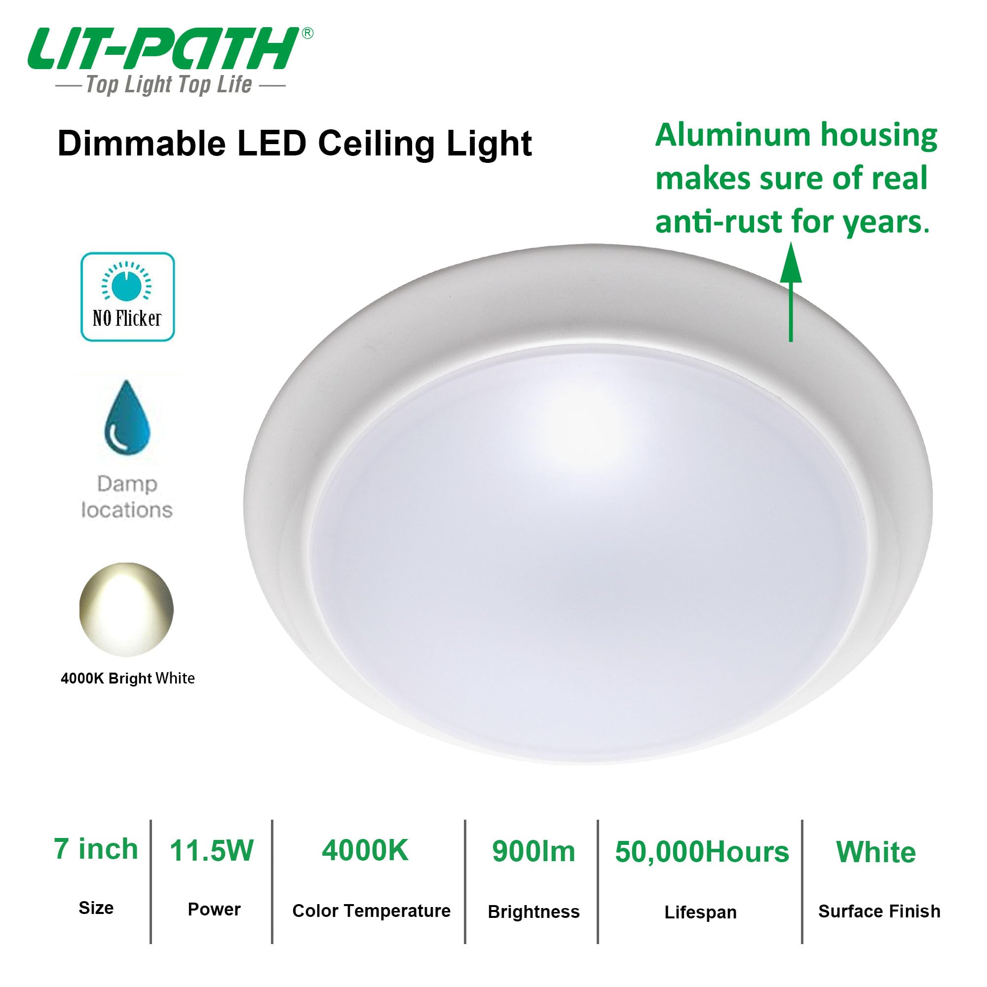 Lit-Path Led Flush Mount Ceiling Light, Dimmable 7 11.5W, 900 Lumen, Aluminum, 4000K, 2-Pack, Damp Location