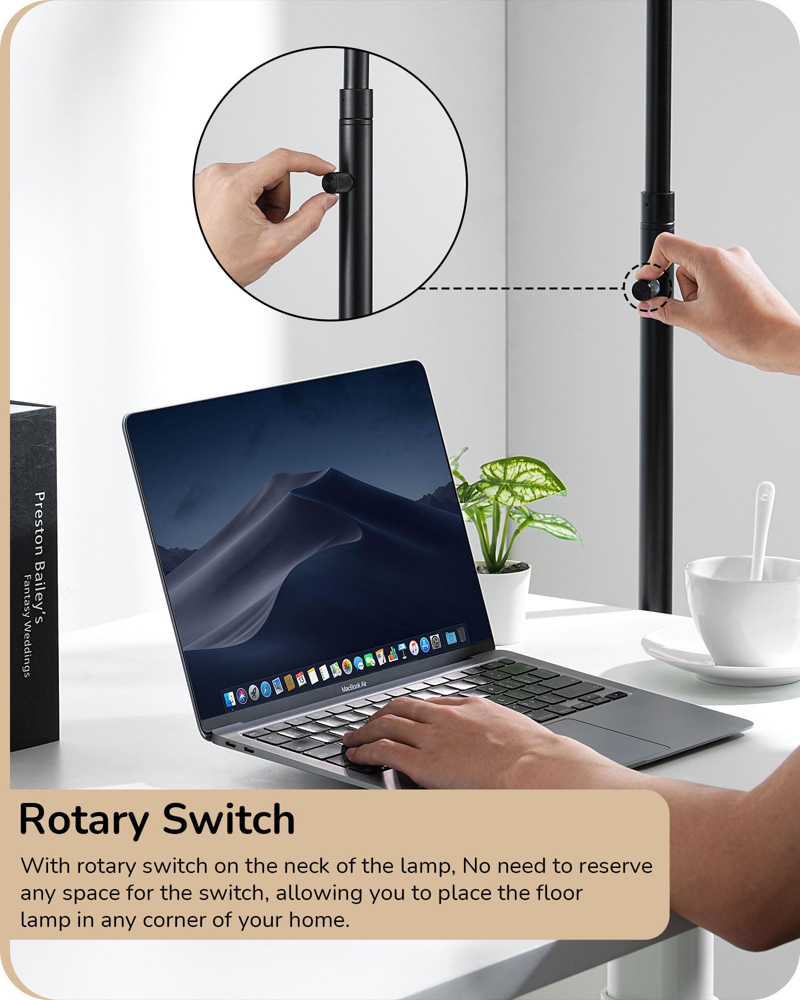 Edishine Black Arc Floor Lamp Dimmable, Standing Lights With Rotary Switch & Adjustable Line Lampshade, Tall Standing Lamp For B