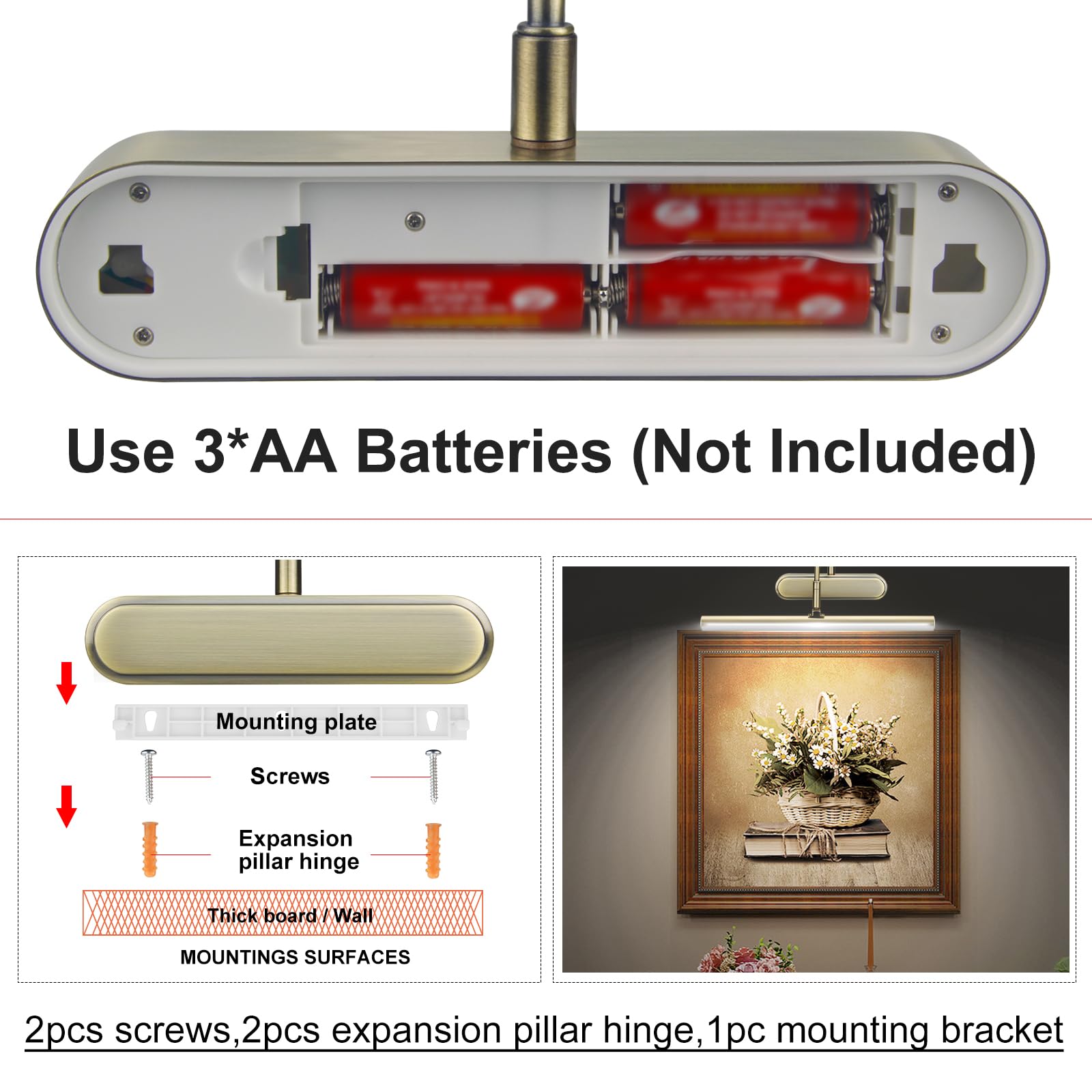 RAIFOOLLY Picture Light, 3AA Battery Wireless Wall Lighting, Remote Control, Dimmable, 12inch, Antique Brass, 2PK, Model RF00300