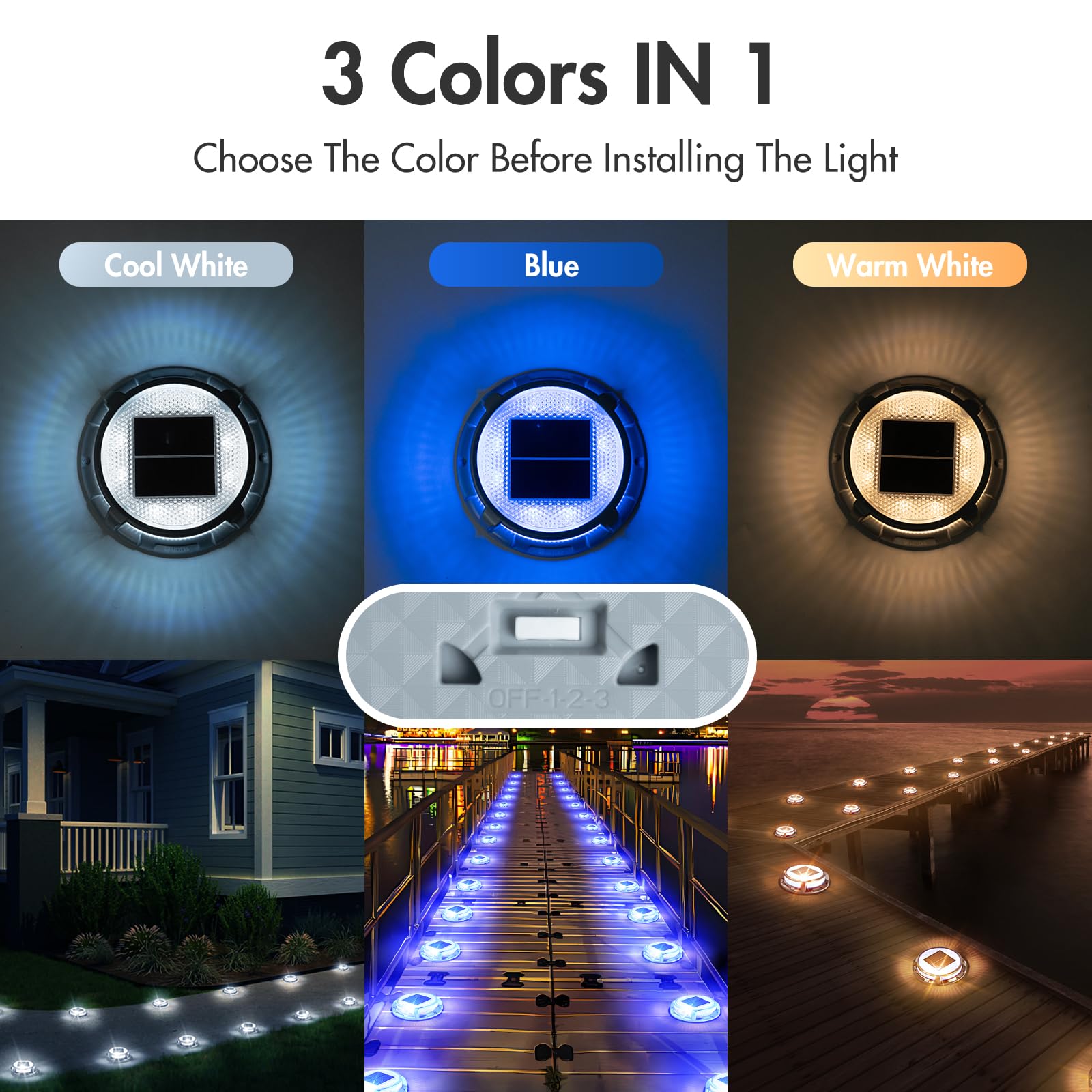 Quntis Solar Deck Lights, 4 Pack Outdoor Ip68 Waterproof, 3 Color Modes For Pathway & Driveway