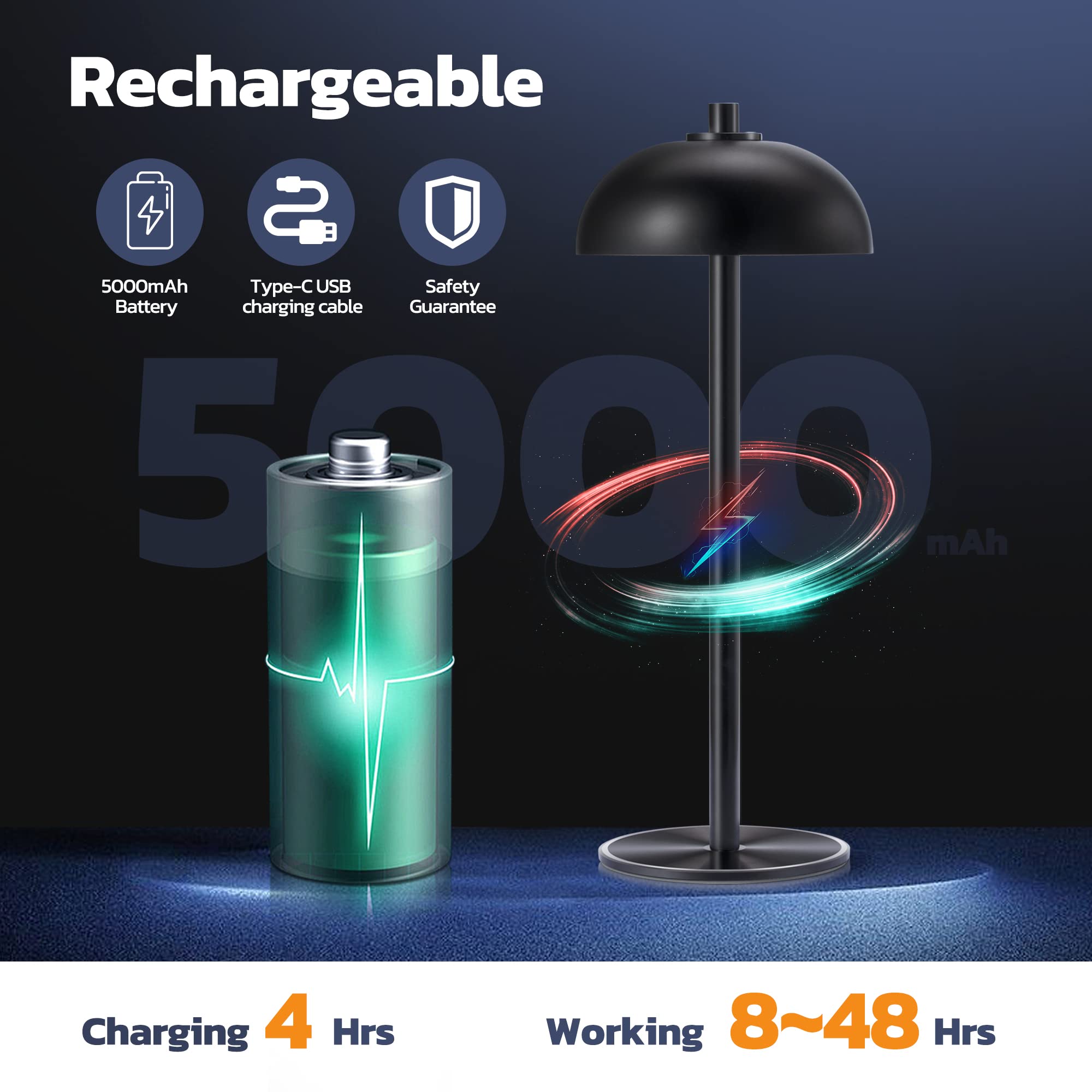 JONEMO Rechargeable Cordless Table Lamp 2 Pack - 5000mAh Battery, 3 Color Dimming, Aluminum, Black, Model MOGU