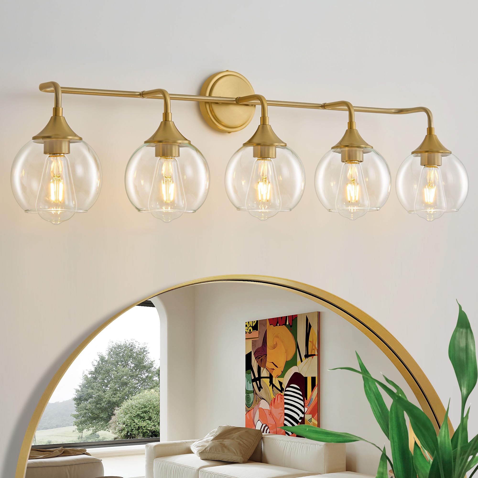 Gednbo Bathroom Vanity Lights, 5-Lights, Clear Glass Shade, Metal, 39 Inch, Gold, Model G1796 (Exclude E26 Bulb)