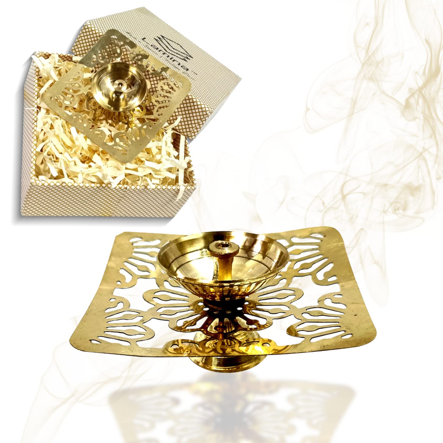 Lamina Decorative Brass Diya for Puja (Set of 10 Small 3inch Golden Square Net) Center Wick Holder Pital Akhand Deep Vilakku for