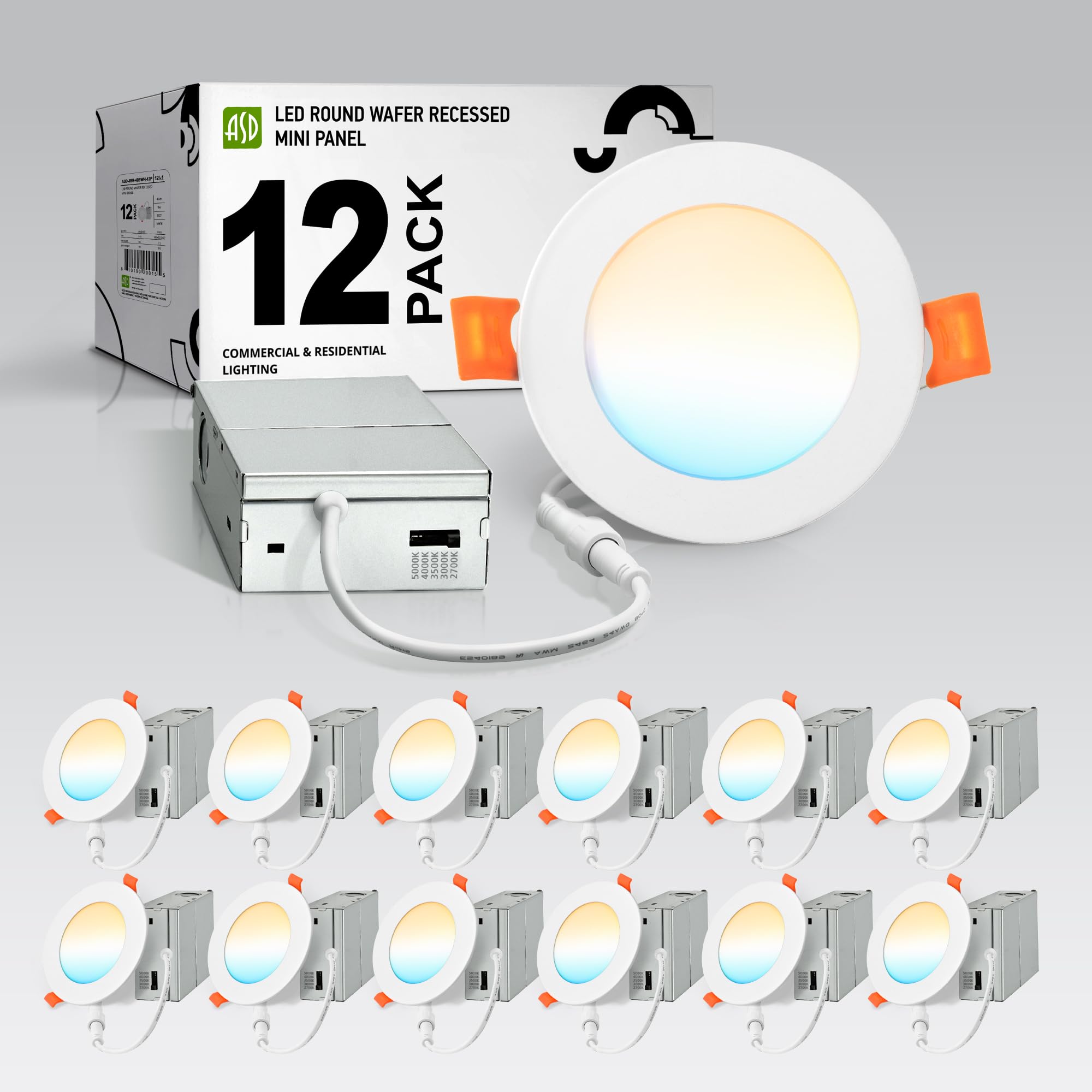 ASD 12 Pack LED Recessed Lighting 4 Inch 9W  5 CCT 2700K-5000K CRI90+  IC Rated Ultra Thin Dimmable Ceiling Lights with J Box  Canless Wafer Downlight  Round Slim Panel Light  Energy Star ETL  White
