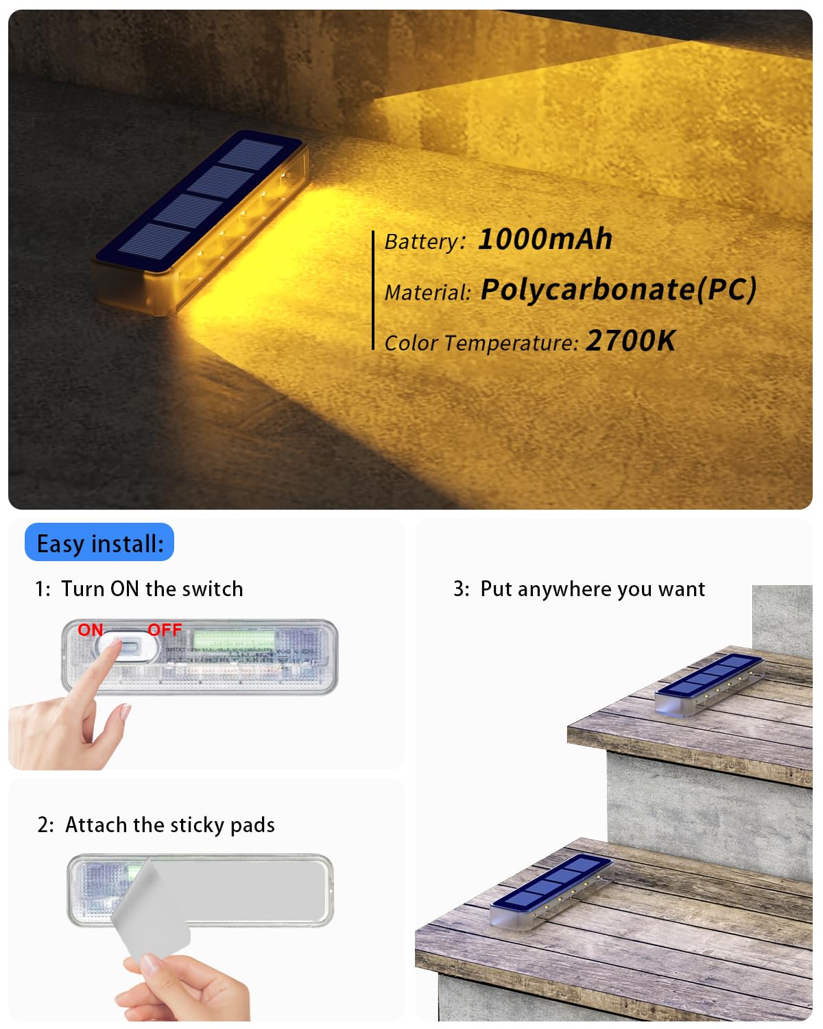 Detarzinled Solar Step Lights For Outside,8 Pack Solar Stair Lights Outdoor Waterproof,Warm White Deck Light Solar Powered Water
