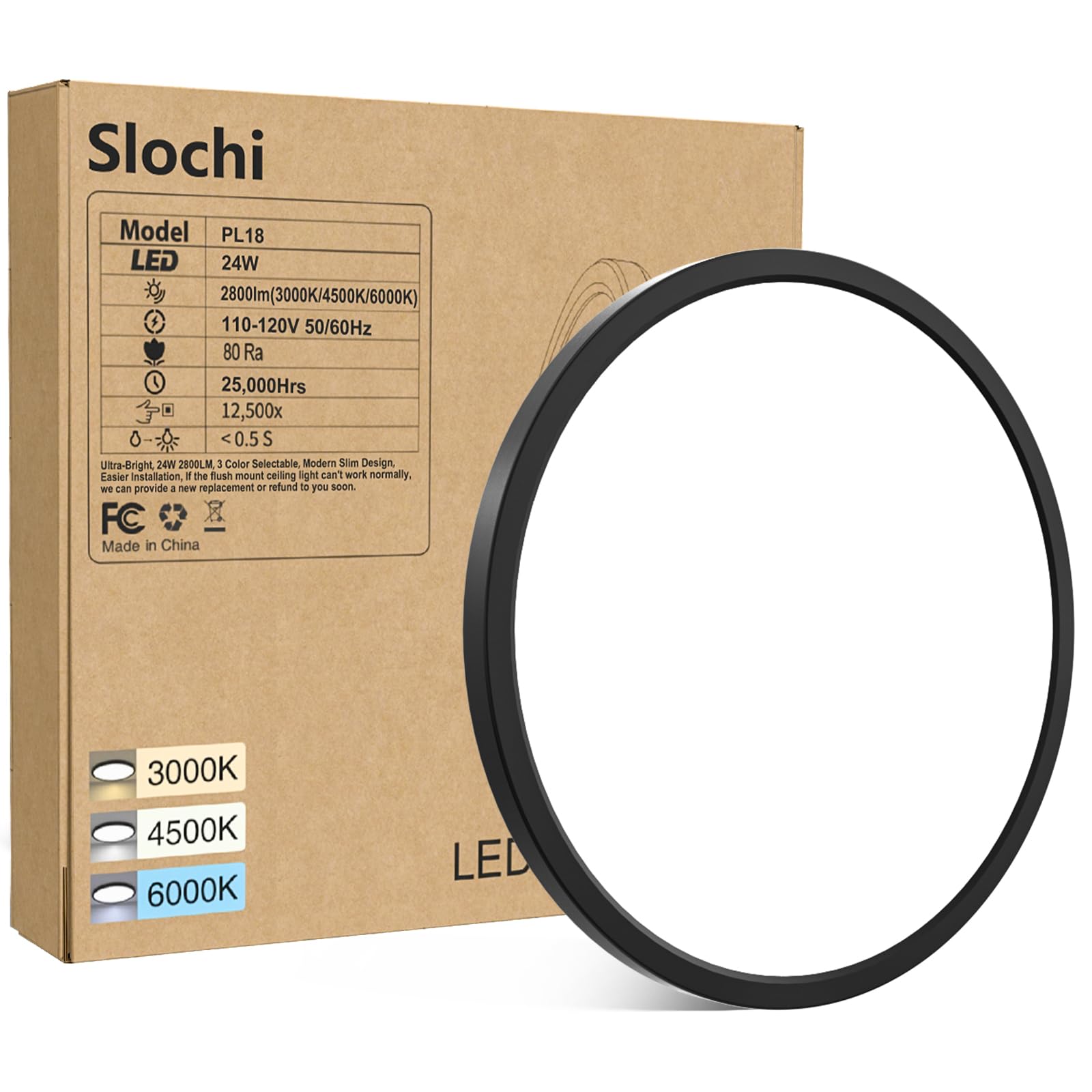 Slochi 1Pack Led Flush Mount Ceiling Light Fixture Black, 9Inch 24Watt, 3000K/4500K/6000K Ceiling Light, Ultra Slim Flush Mount 