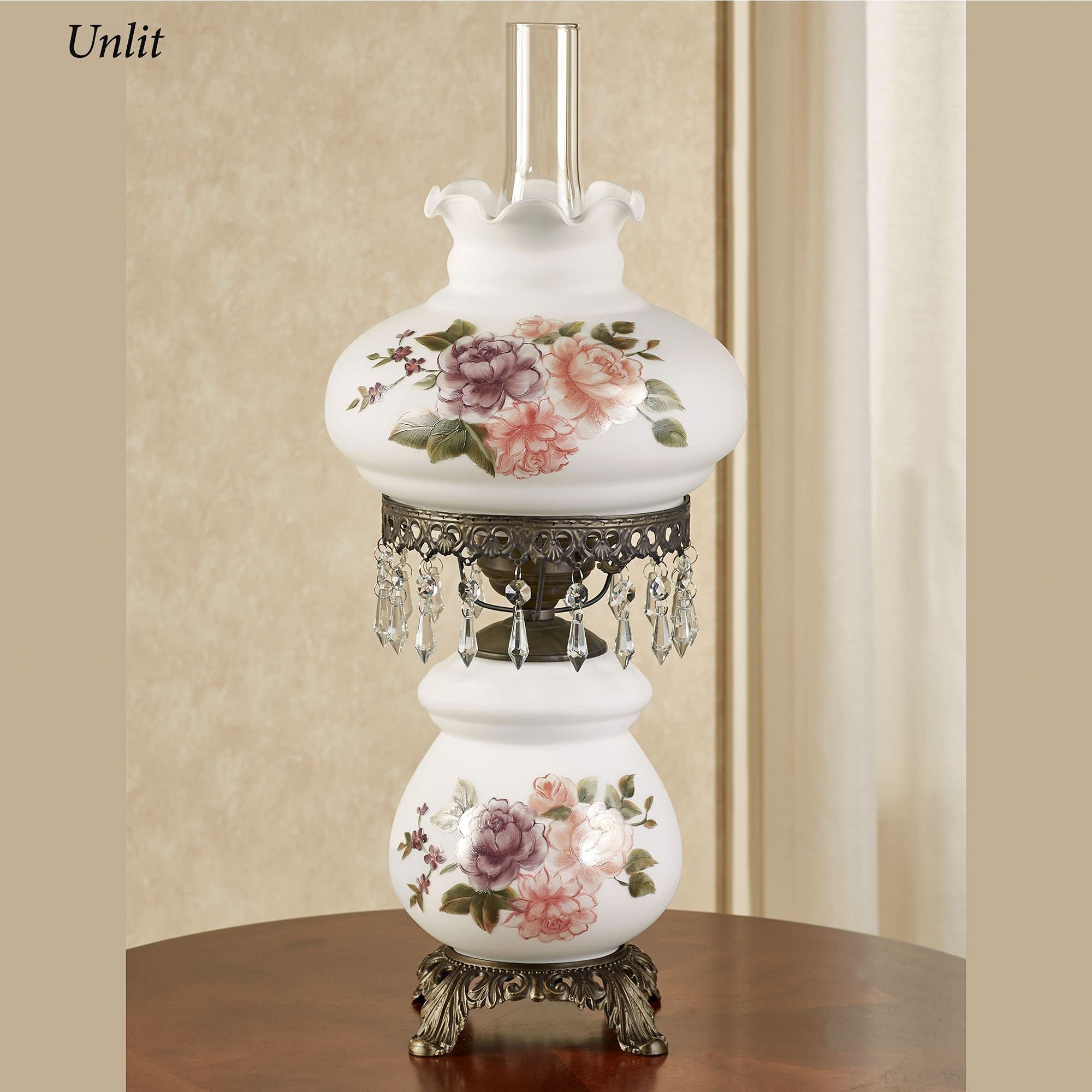 Touch Of Class Brook Floral Handpainted Hurricane Table Lamp White Floral Motifs - Metal Base, Glass Shade, Scalloped Edges - Vi