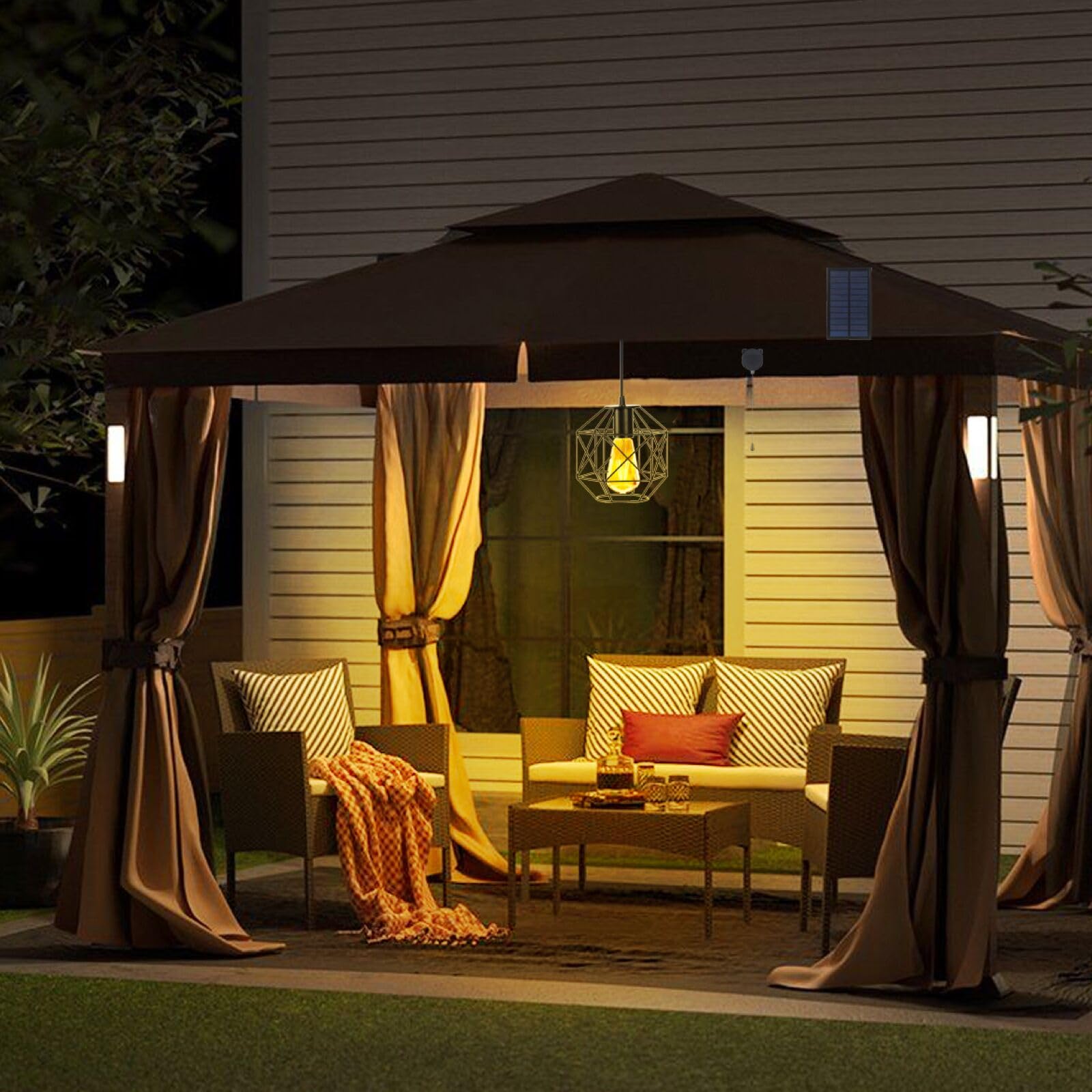 Aofuery Solar Pendant Lights - Black Solar Powered Chandelier for Outdoor Gazebo, Shed, Indoor Use with Pull Cord - Lantern Size