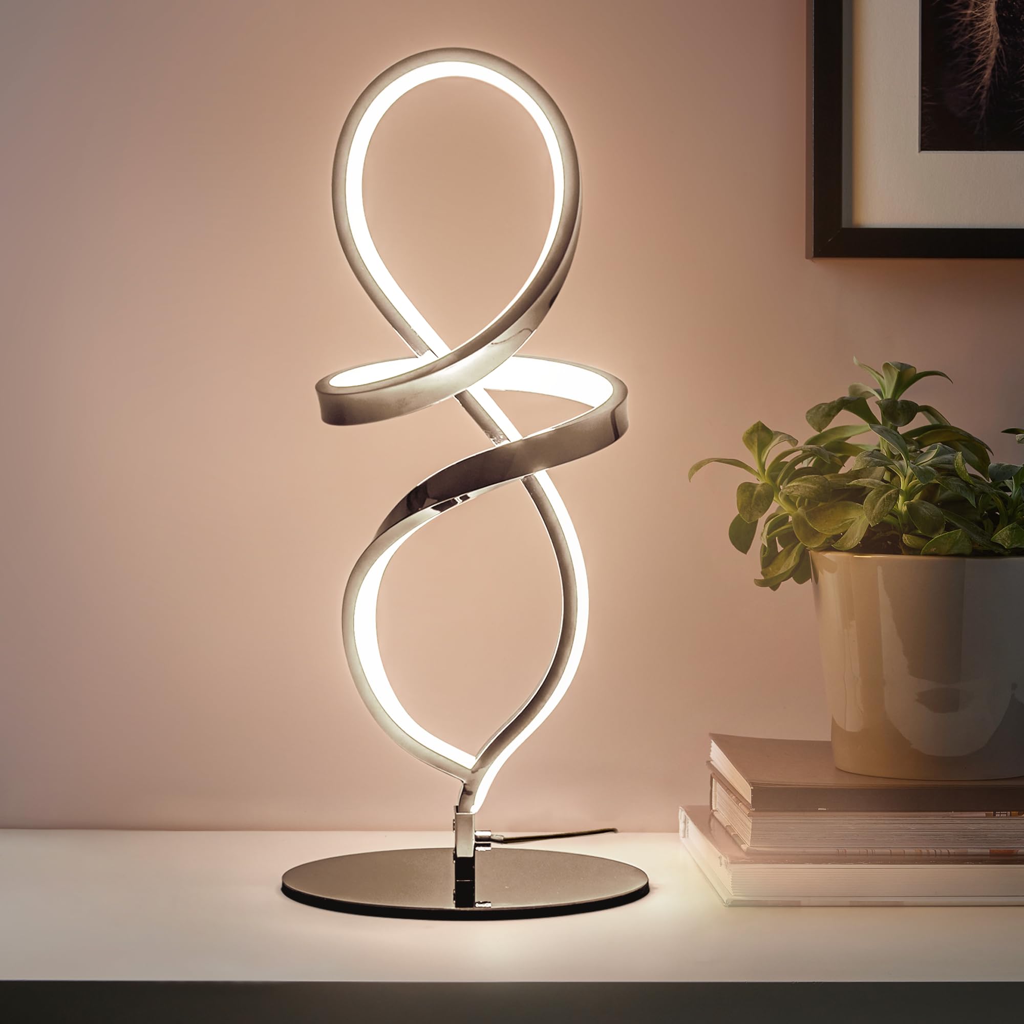 Mayful Modern Table Lamp, LED Spiral Lamp, Stepless Dimmable Bedside Lamp, Contemporary Nightstand Lamp, Chrome Desk Lamp for Be