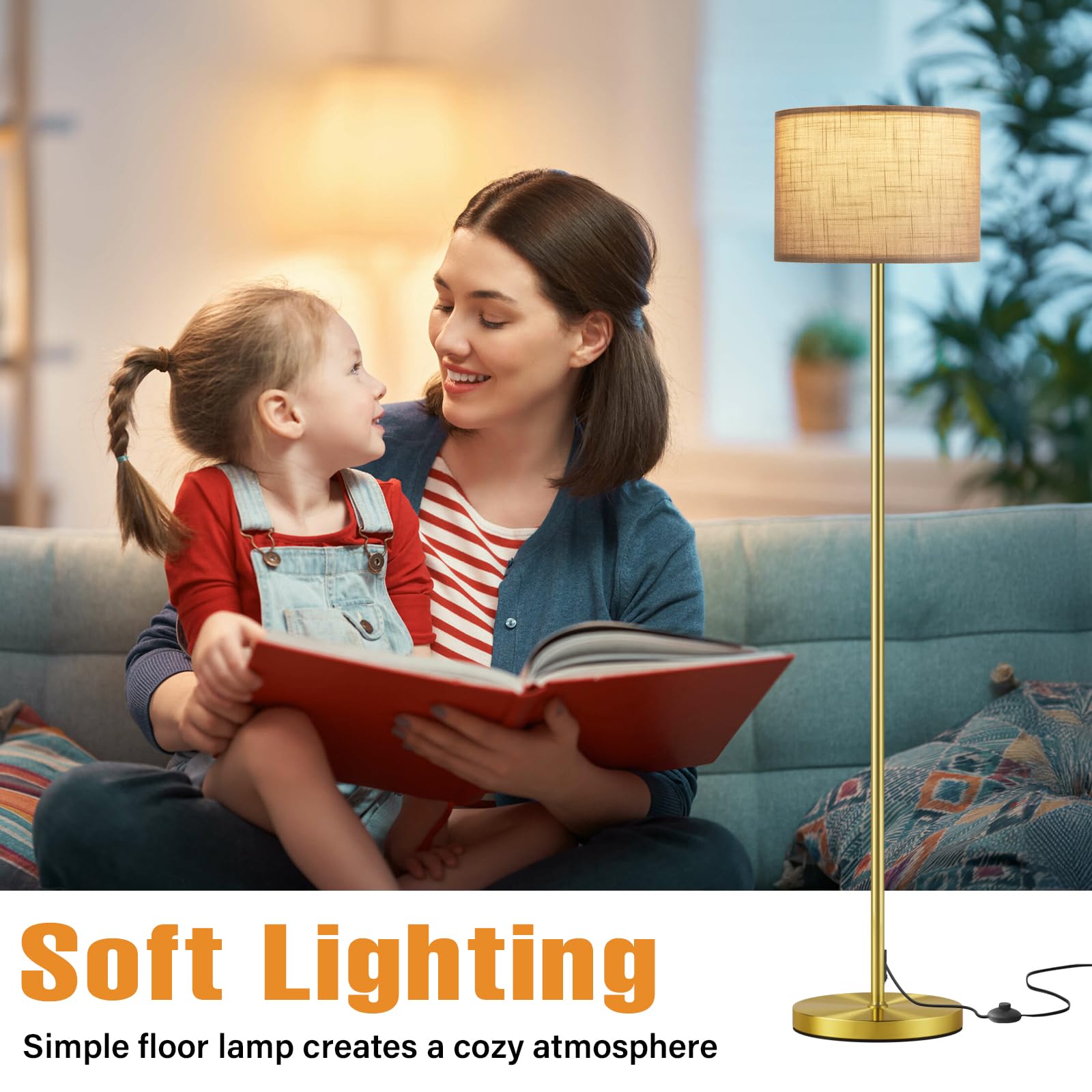 Ambimall 60in  Modern Floor Lamp with Linen Grey Shade, Brushed Gold Pole, Model RPT-ZGB128