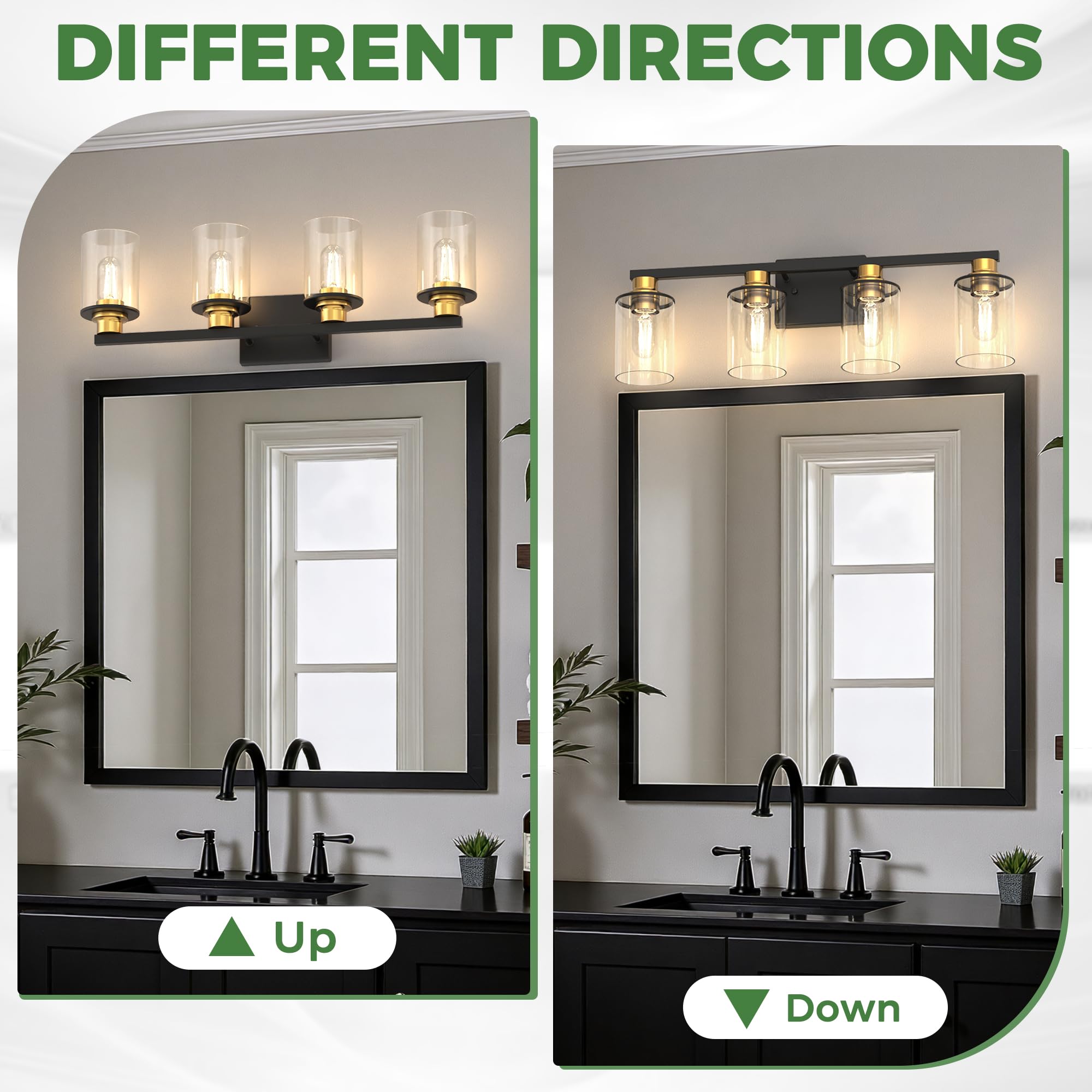 DORESshop Bathroom Vanity Light, 4-Light Black and Gold Fixture with Clear Glass Shade, Ideal for Bathroom, Hallway, Living Room