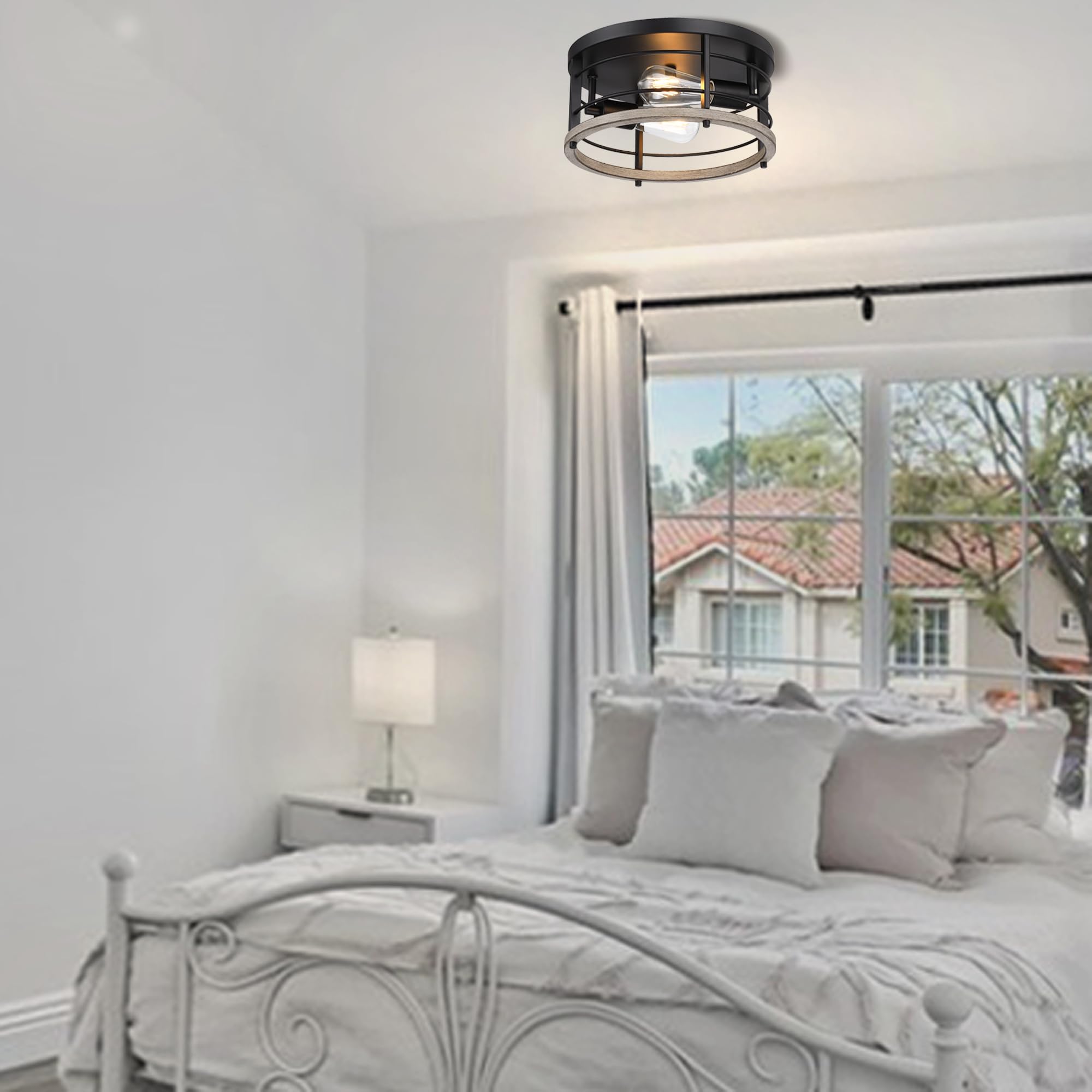 Revtronic Black Flush Mount Ceiling Light Fixture, 2-Light Modern Industrial Design For Porch & Kitchen