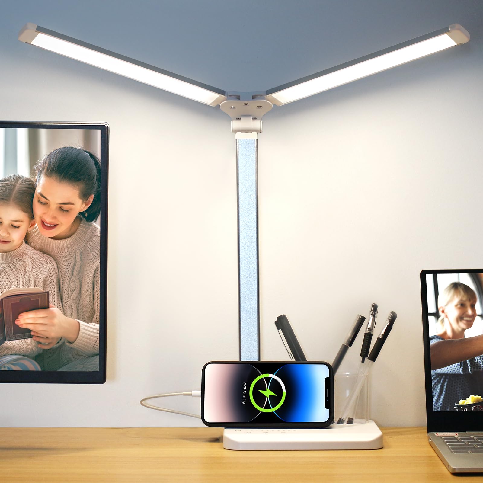 Qooltek LED Desk Lamp, Touch Control, 5 Color Modes, Adjustable Brightness, USB Charging, Silver White, Model JB510