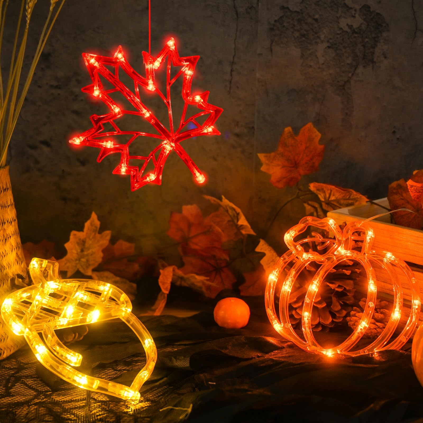 Lolstar Fall Decor Window Lights 2025 Thanksgiving Decorations Acorn Maple Leaves Pumpkin Led Lights With Suction Cups Battery Operated(unique design) Slow Fade Mode Timer Autumn Decorations For Home