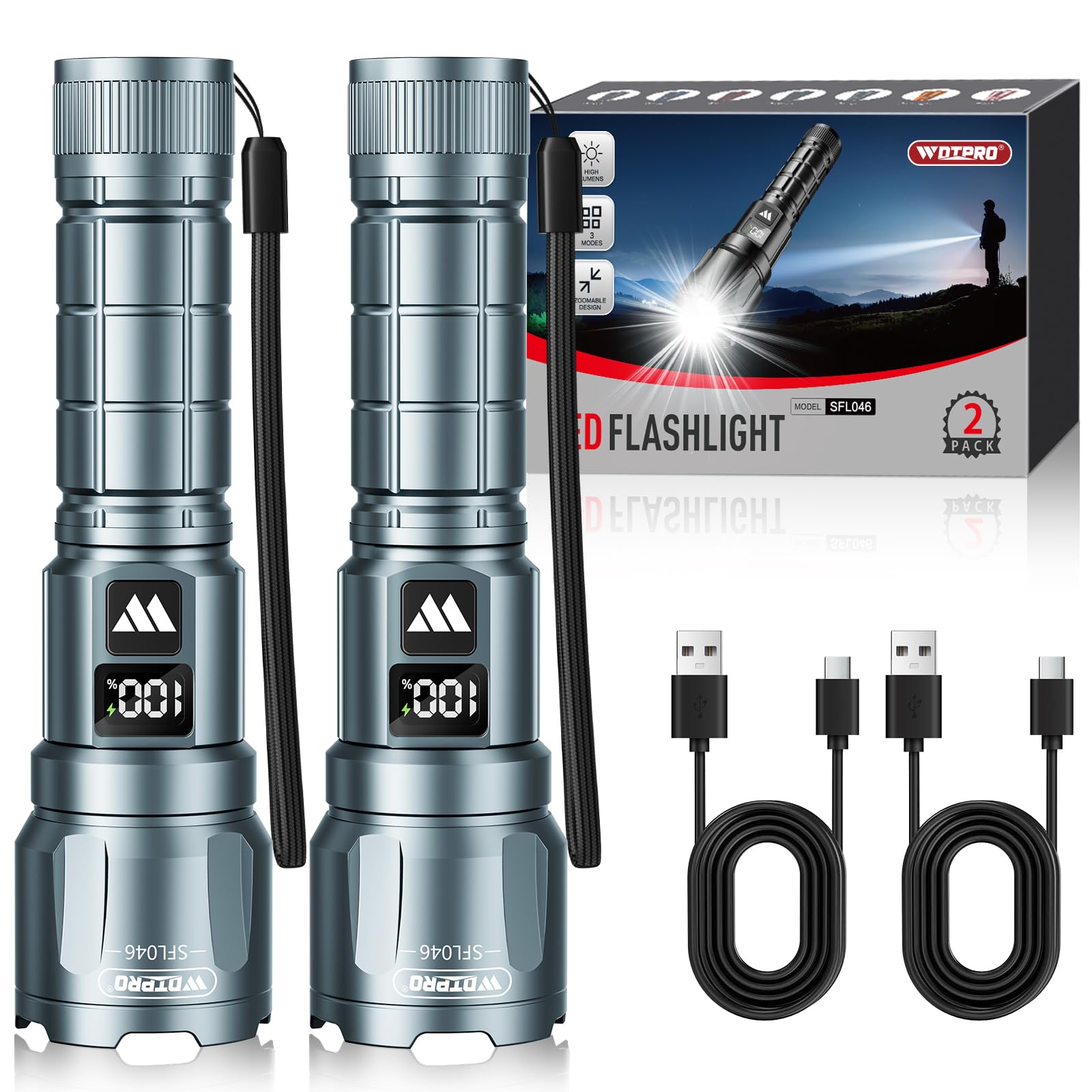 WdtPro LED Rechargeable Flashlight 2 Pack  Super Bright Zoomable 6000 Lumens Tactical Flashlight with LCD Digital Display  3 Mode Waterproof Flash Light for Camping  Hunting & Home Emergency - Grey