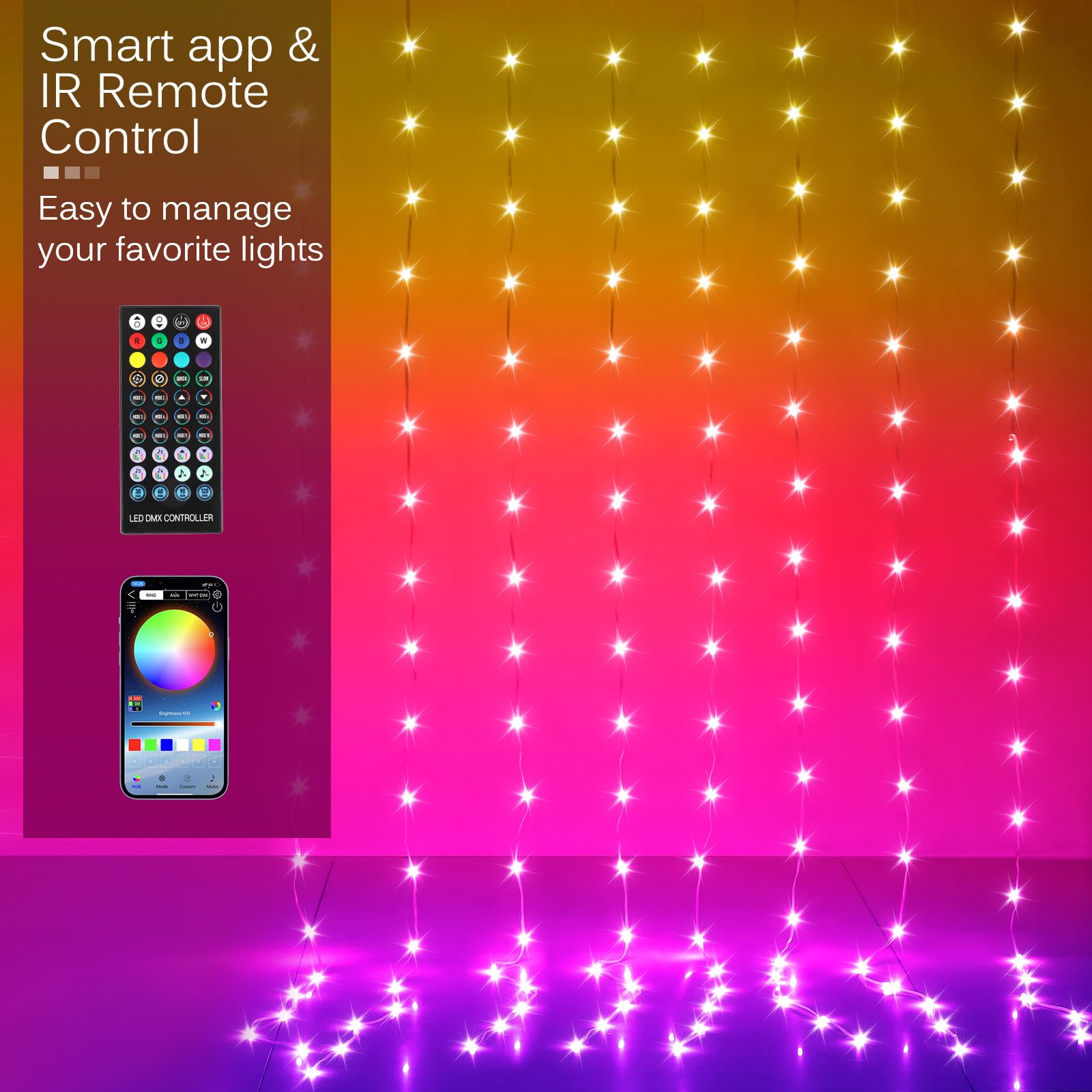 KepStars 200 LED RGB Color Changing Curtain Lights, 6.5ft x 6.5ft, Smart APP Control, Music Sync, Multicolor for Indoor/Outdoor Decor