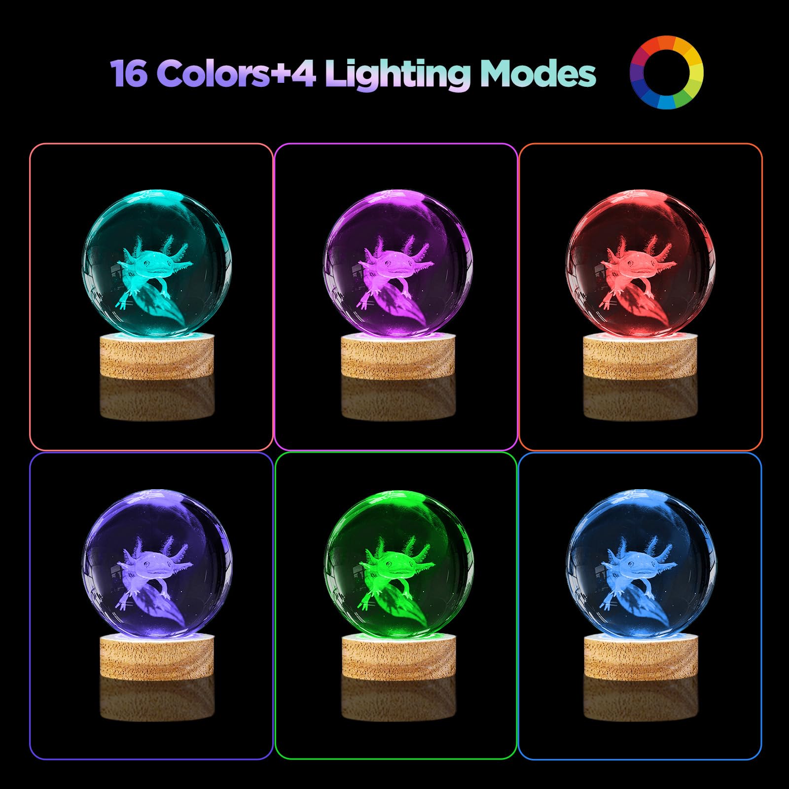 3D Axolotl Crystal Ball Night Light With Remote, Upgraded 3.15 Inch Axolotl Glass Ball Lamps With 16 Color Led Wooden Base For Birthday Holiday Xmas, Cool Axolotl Toy Decor Gifts For Boys Girls Kids