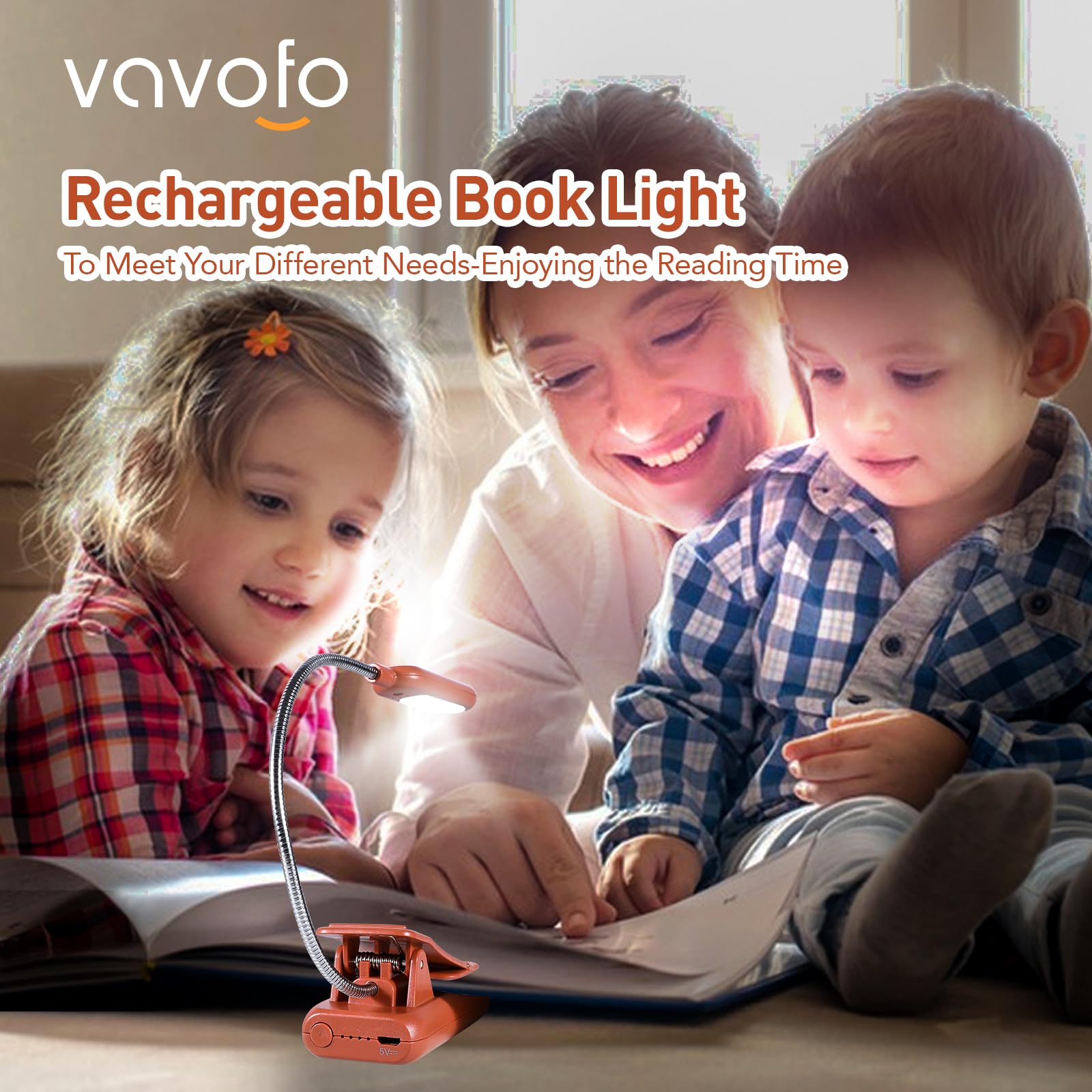 VAVOFO Rechargeable Book Light, 7 LED, 9-Level Warm Cool White, Eye Care, Model KM-6720, Mocha Brown
