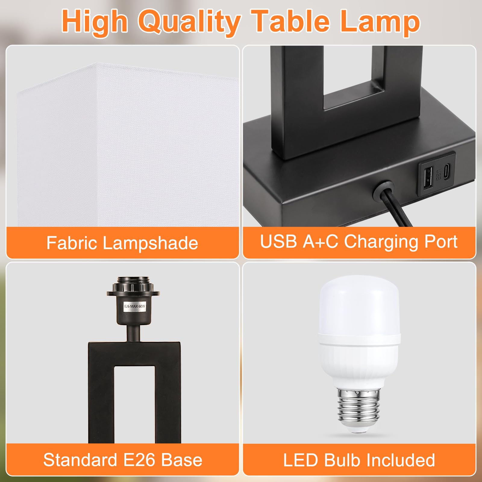Seealle 22in Tall Touch Bedside Lamps Set of 2 - USB C+A, 3 Way Dimmable, Metal, White & Black