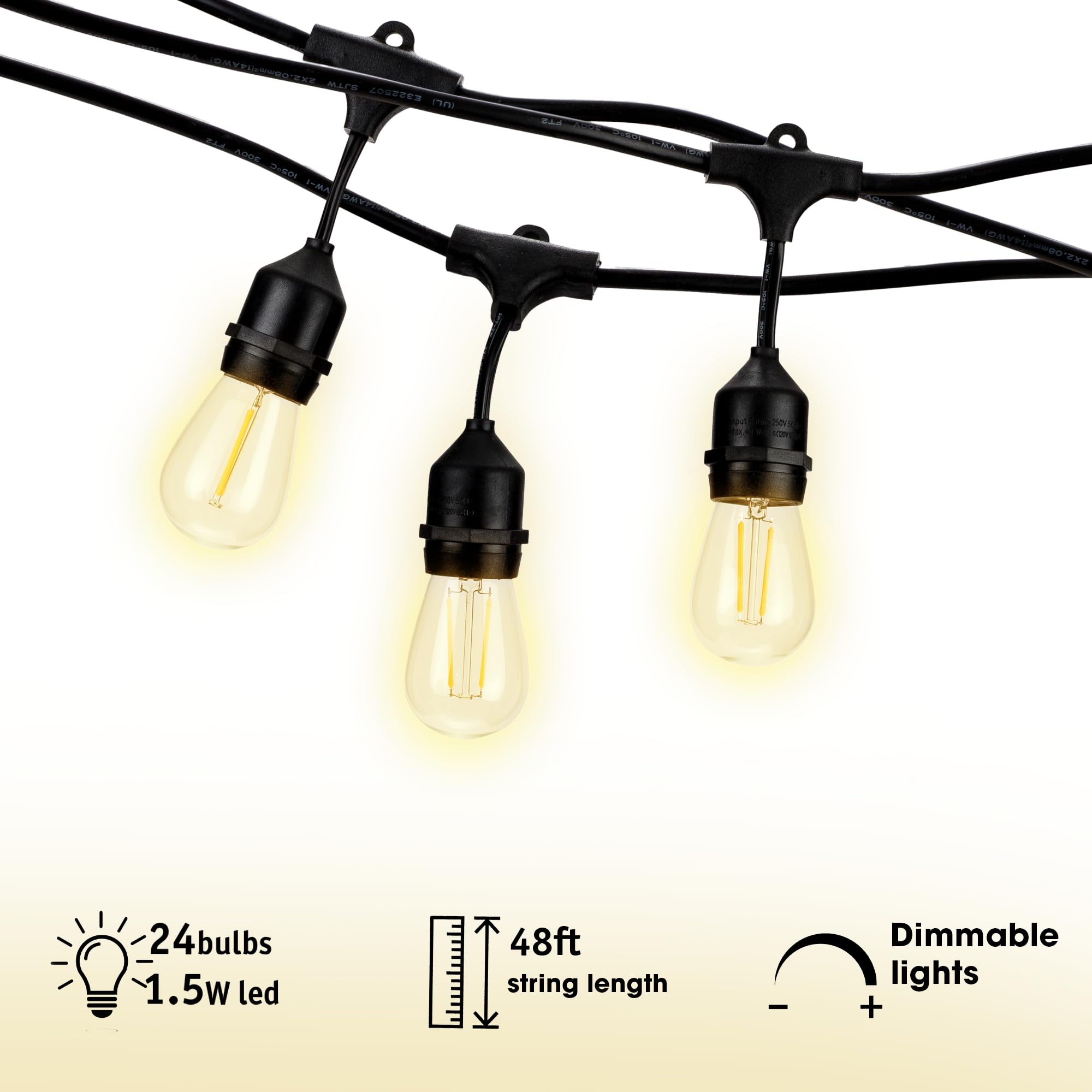 HLO Lighting LED Outdoor Patio String Lights, 46ft, 16 Dimmable Edison Bulbs, Weatherproof, Black