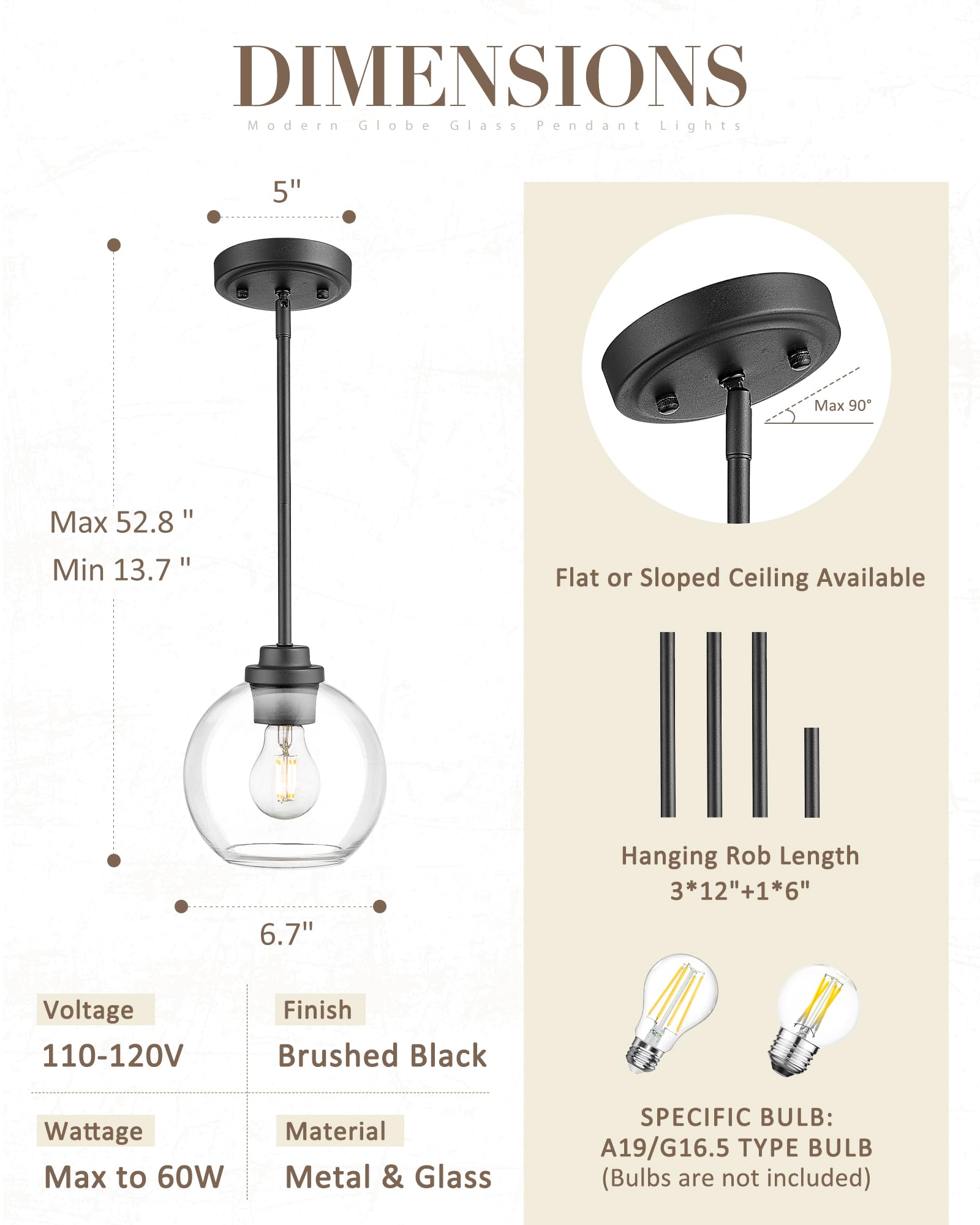 Jazava Matte Black Pendant Light, Mid Century Globe Haning Light Fixture Ceiling With Clear Glass For Kitchen Island Dining Room