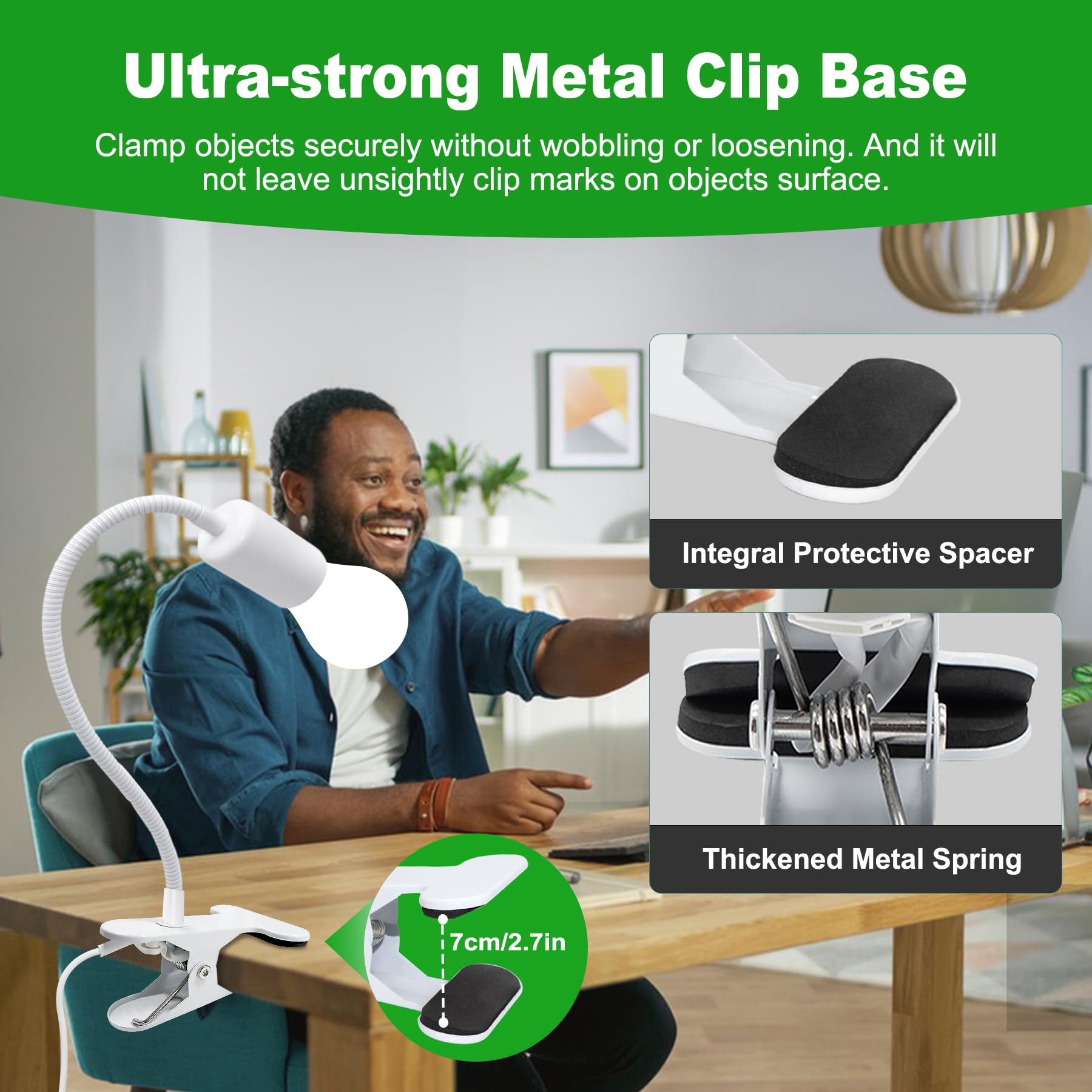 Puanticn Clip on Desk Lamp with 220 CM Cable, E27 Holder, Gooseneck, White, Model PTT.319 for Home Office