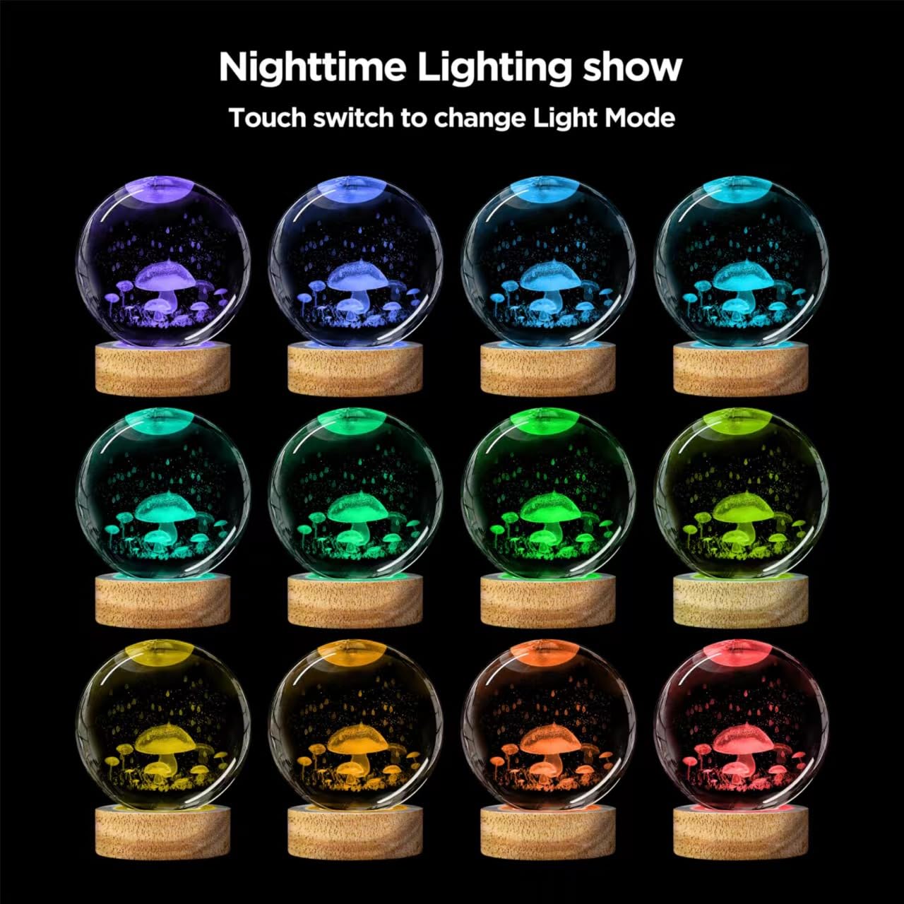 3D Mushroom Crystal Ball Night Light, Upgraded 3.15 Inch Glass Ball Lamp With 16 Color Led Wooden Base, Mushroom Decor Birthday