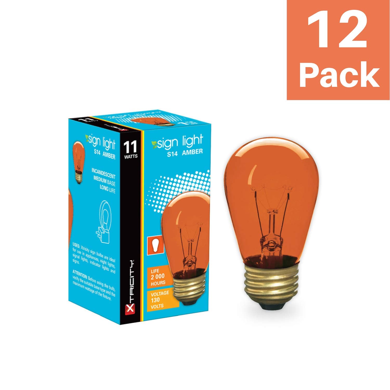 Xtricity Incandescent S14 Edison Light Bulb, Amber Glass, E26 Medium Base, 130V, 12 Pack