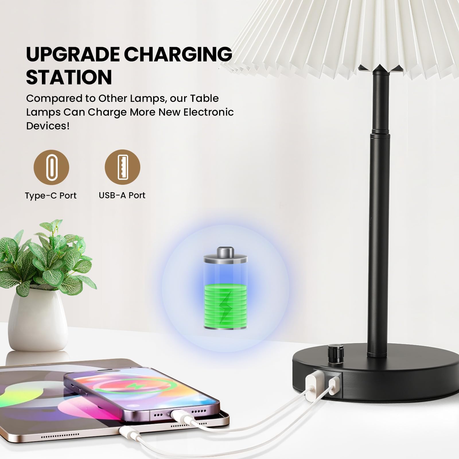 RUIYEY Bedside Lamps Set of 2, Dimmable Metal Nightstand Table Lamps with USB Ports, Black Pleated Fabric Shade for Bedroom and Office