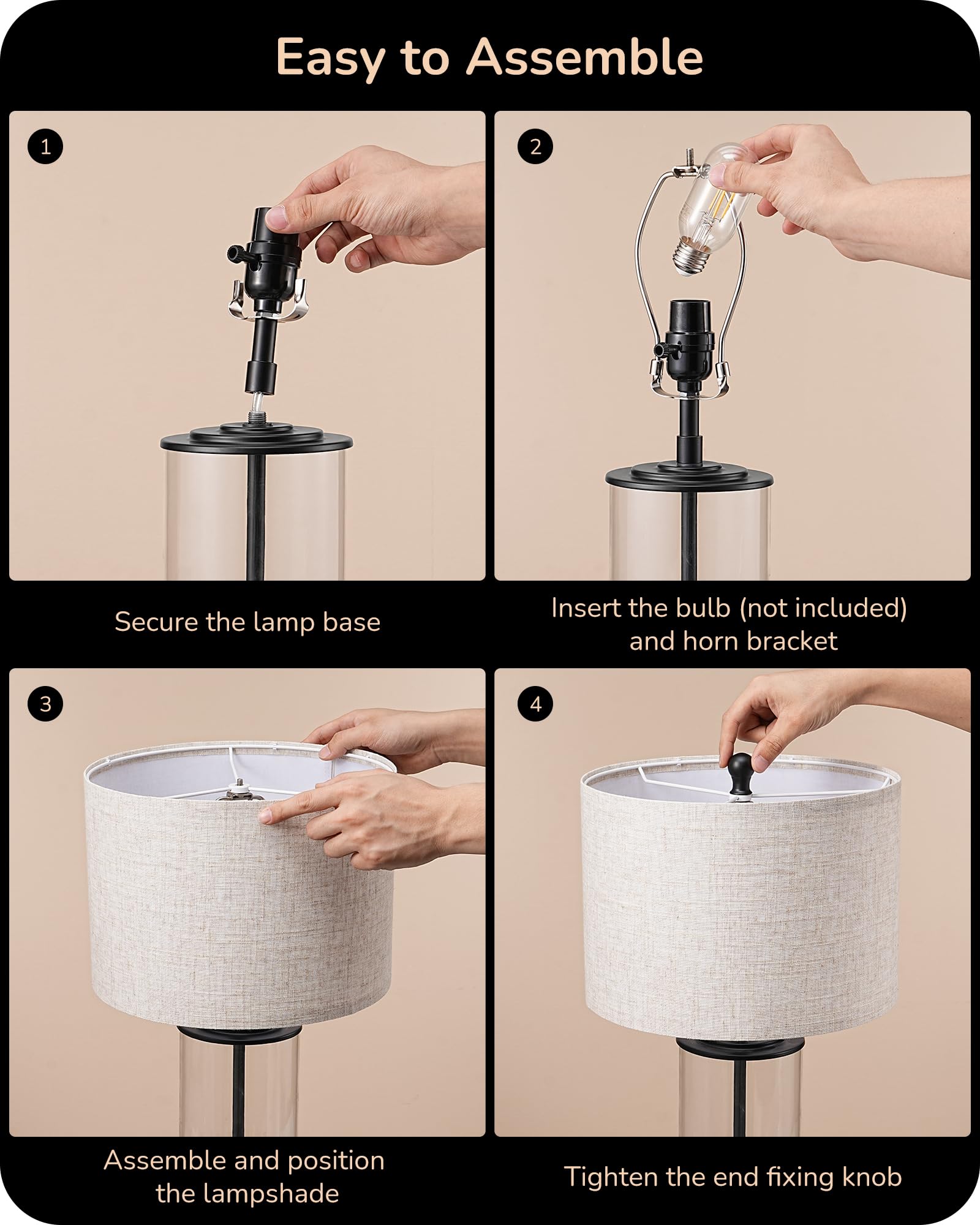 Edishine 23.6 Glass Table Lamp Set Of 2  Diy Refillable Bedside Lamp With Linen Lampshade & Rotary Switch  E26 Base  Nightstand Light For Living Room  Bedroom  Office