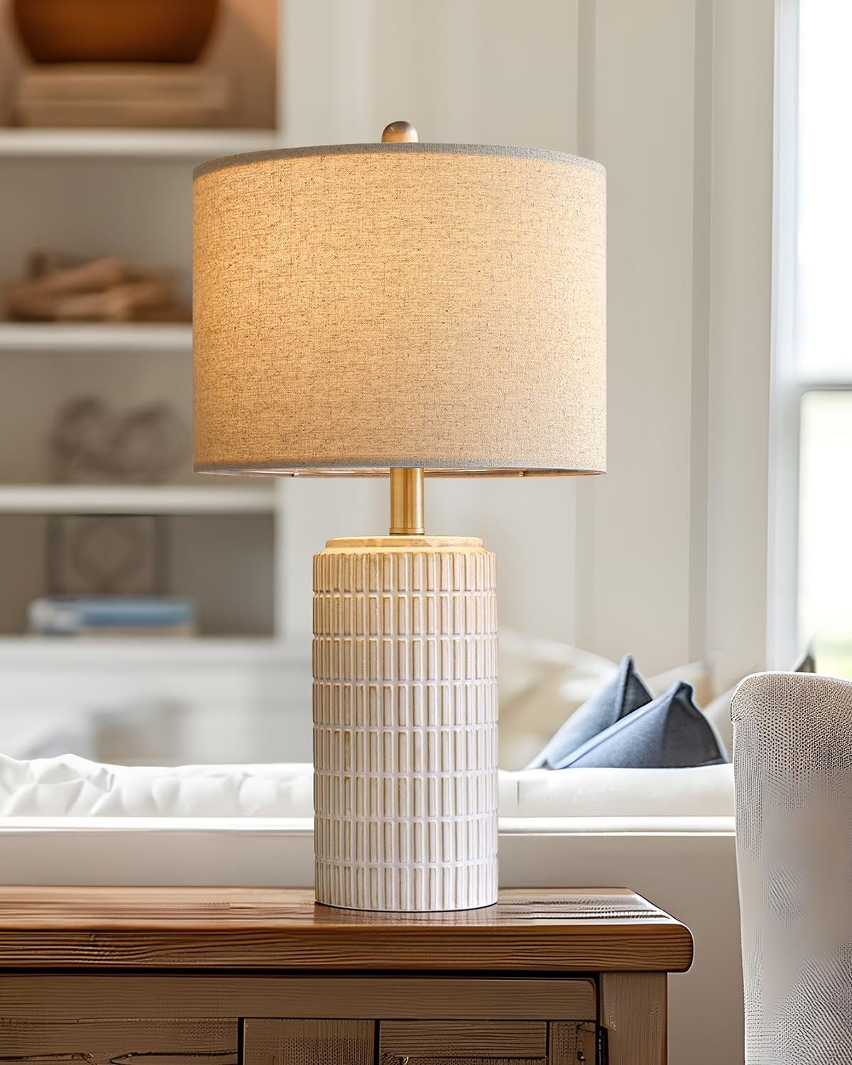 PoKat 23in Ceramic Bedside Table Lamp - White with Round Linen Shade, Model AMZ-T1102CR-1