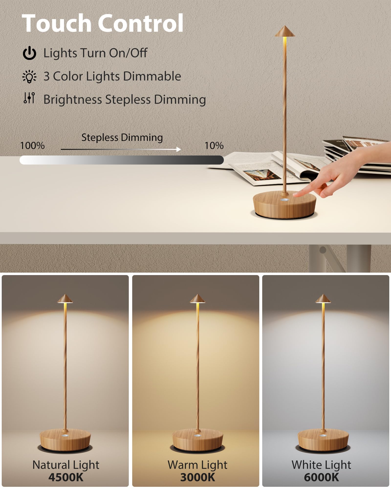 SHANGCAI Cordless LED Table Lamps, Waterproof, Touch Dimmable, 6000mAh Battery, 2 Pack Bamboo Wood, Model SC-2PX12-Wooden