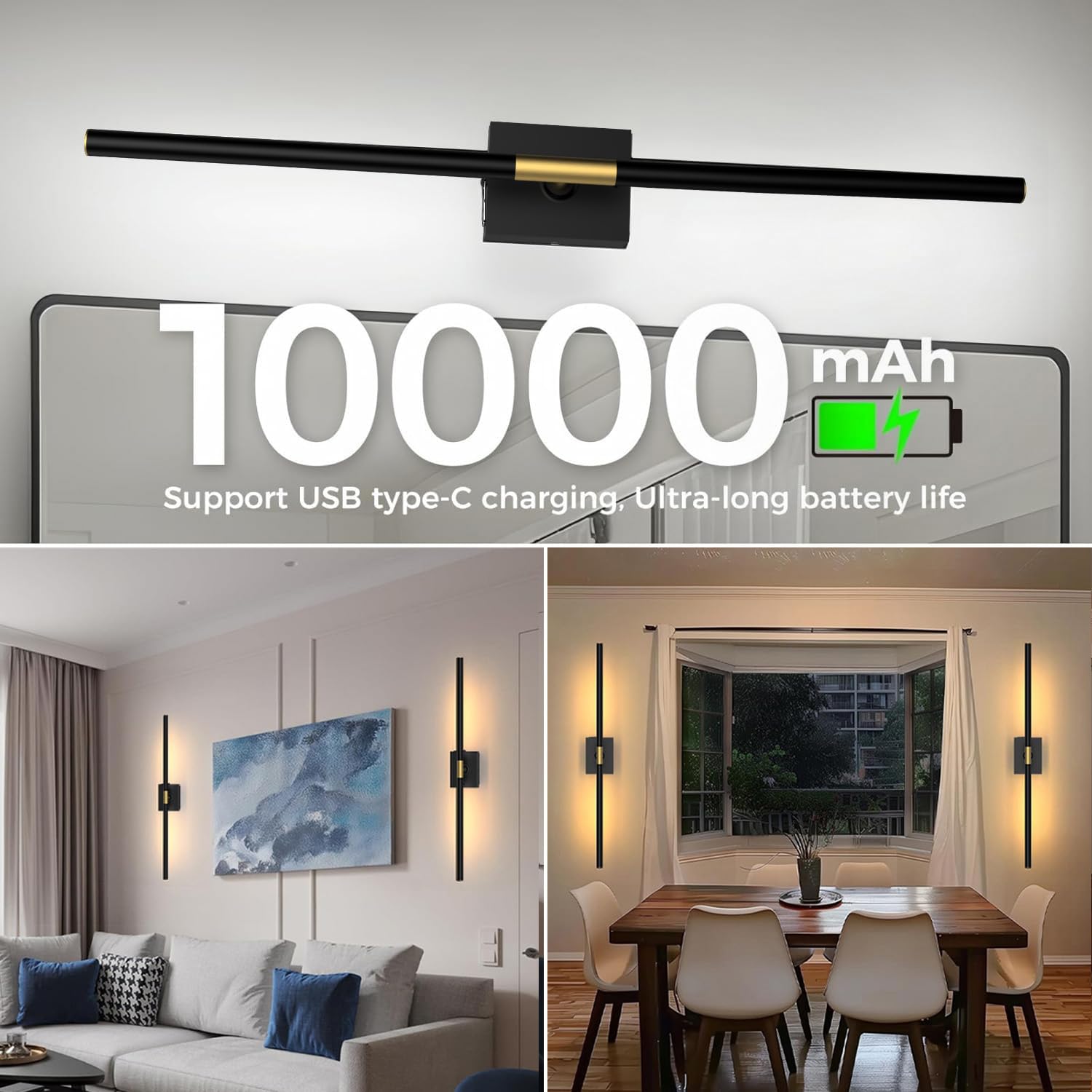 iThird Battery Operated Wall Sconces Set of 2, 10000mAh Rechargeable, 31.5 Inch, Black, Remote Control, 360° Rotate