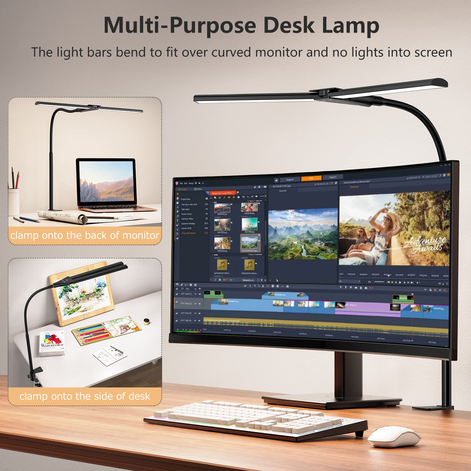 EppieBasic LED Desk Lamp, Double Head Architect Light, 1200LM, Eye Protection, Black, Aluminum