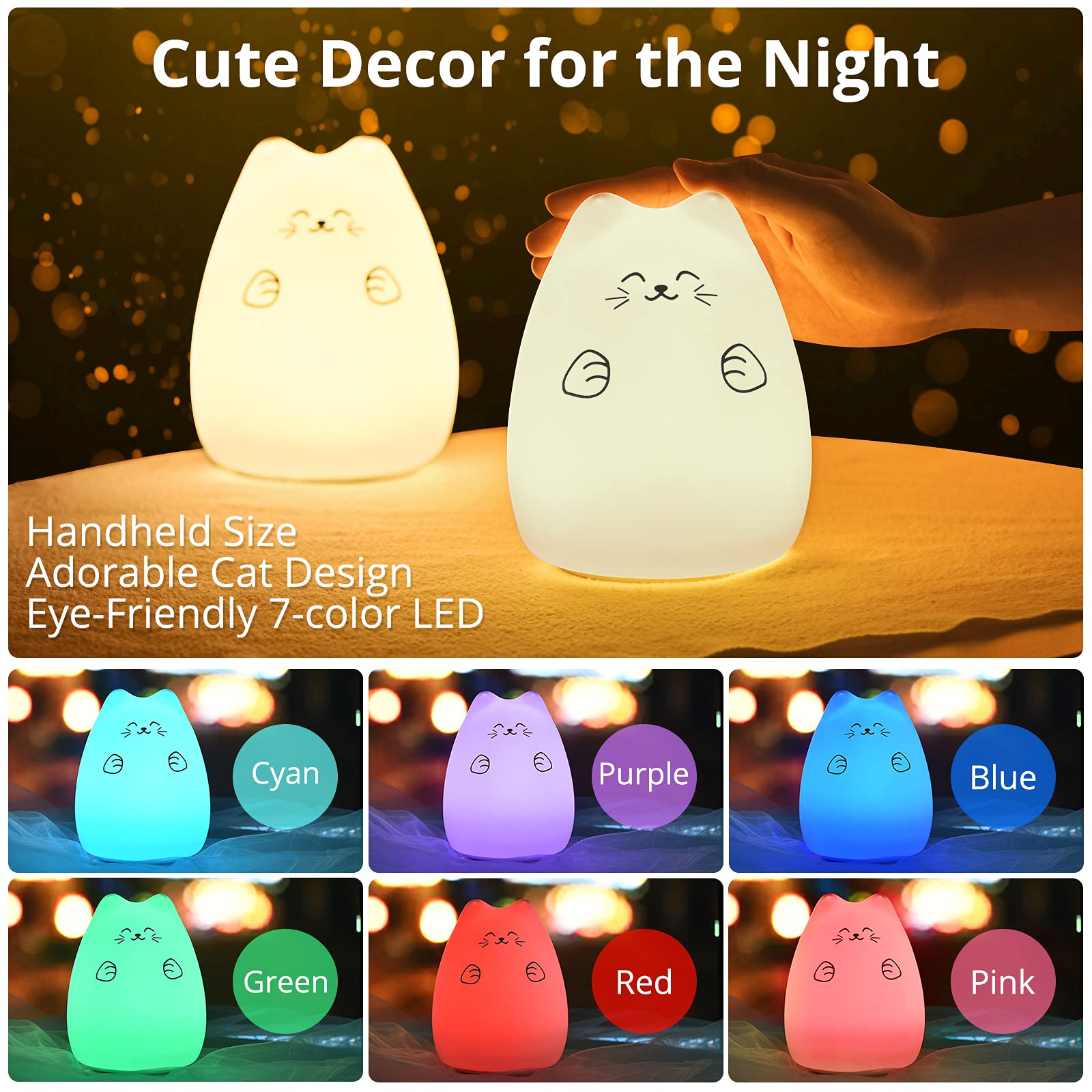Goline Cute Kawaii Kids Night Lights For Room Decor - Cat Lamp For Kids Bedroom Nursery, Best Christmas Birthday Gifts For Women Wife Teen Girls.