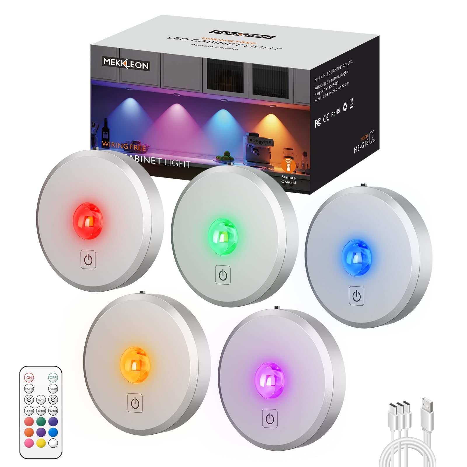 MICLIONLED RGB Puck Lights, 5 Pack, Remote Control, 2000mAh Battery, Rechargeable, Magnetic, Silver