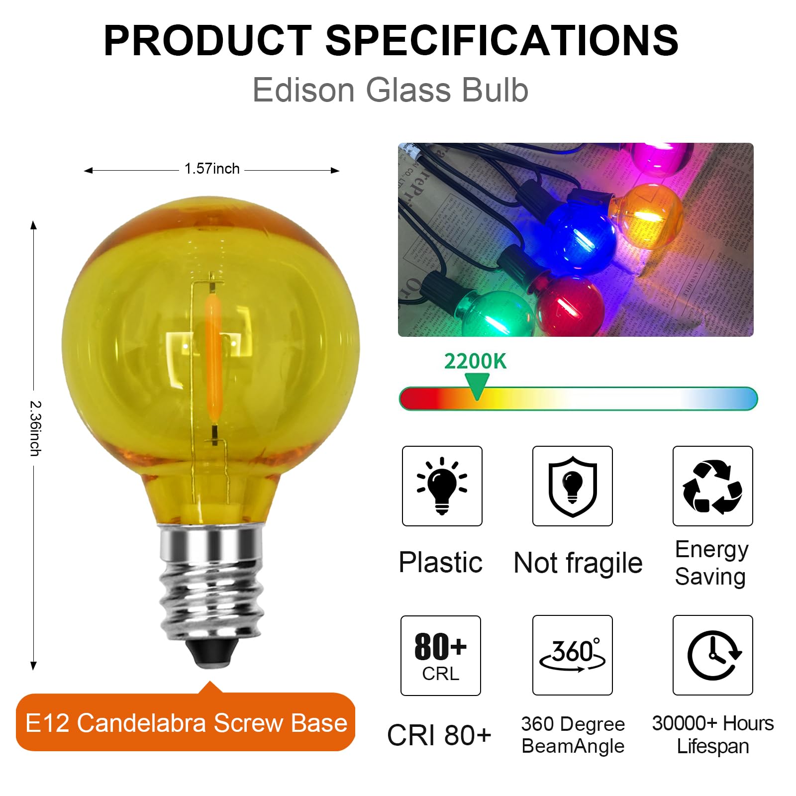 Goothy 25 Pack G40 Frosted Multicolor Led Globe Lights Bulbs, E12/C7 Candelabra Base Led Replacement Bulbs For Christmas Easter Outdoor String Lights, 0.6W Shatterproof Led Colorful Night Light Bulbs