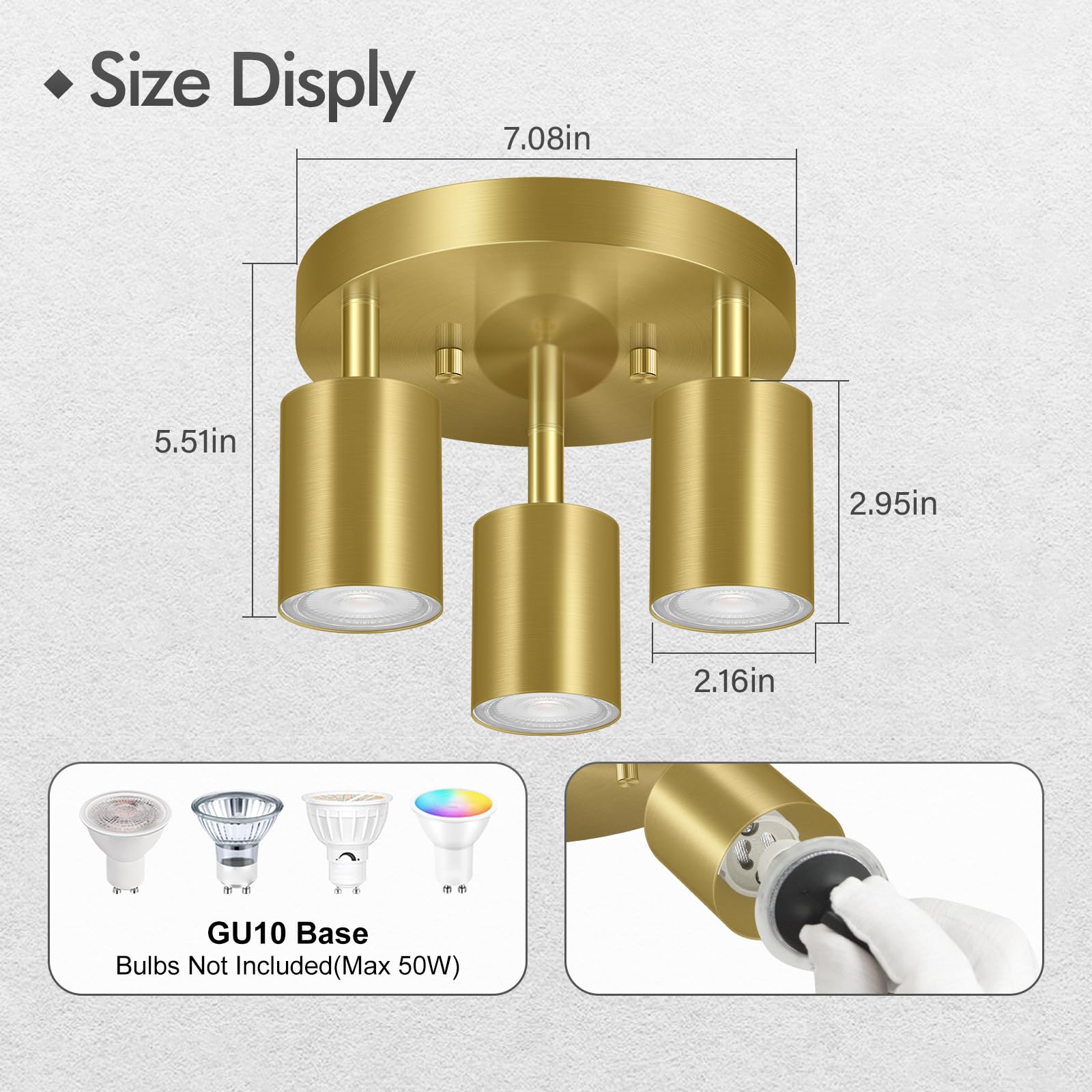 Bricosmocon 3-Light Gold Track Lighting Fixture, Adjustable Metal Ceiling Spotlight, Model FC0303 for Kitchen/Living Room
