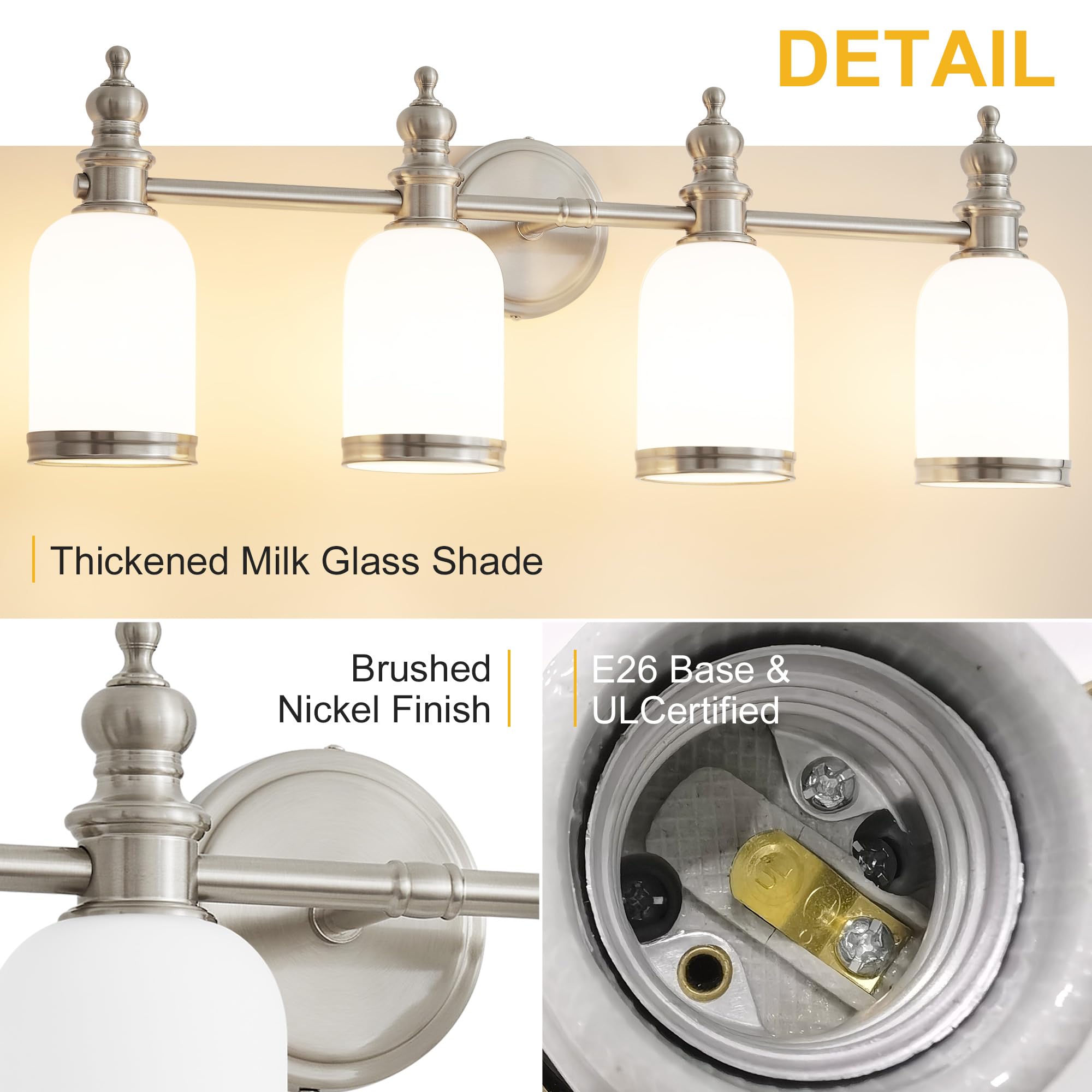 Lanmate Bathroom Light Fixtures, 4 Light Brushed Nickel Bathroom Vanity Light Over Mirror With Milk Glass Shade Modern Wall Scon