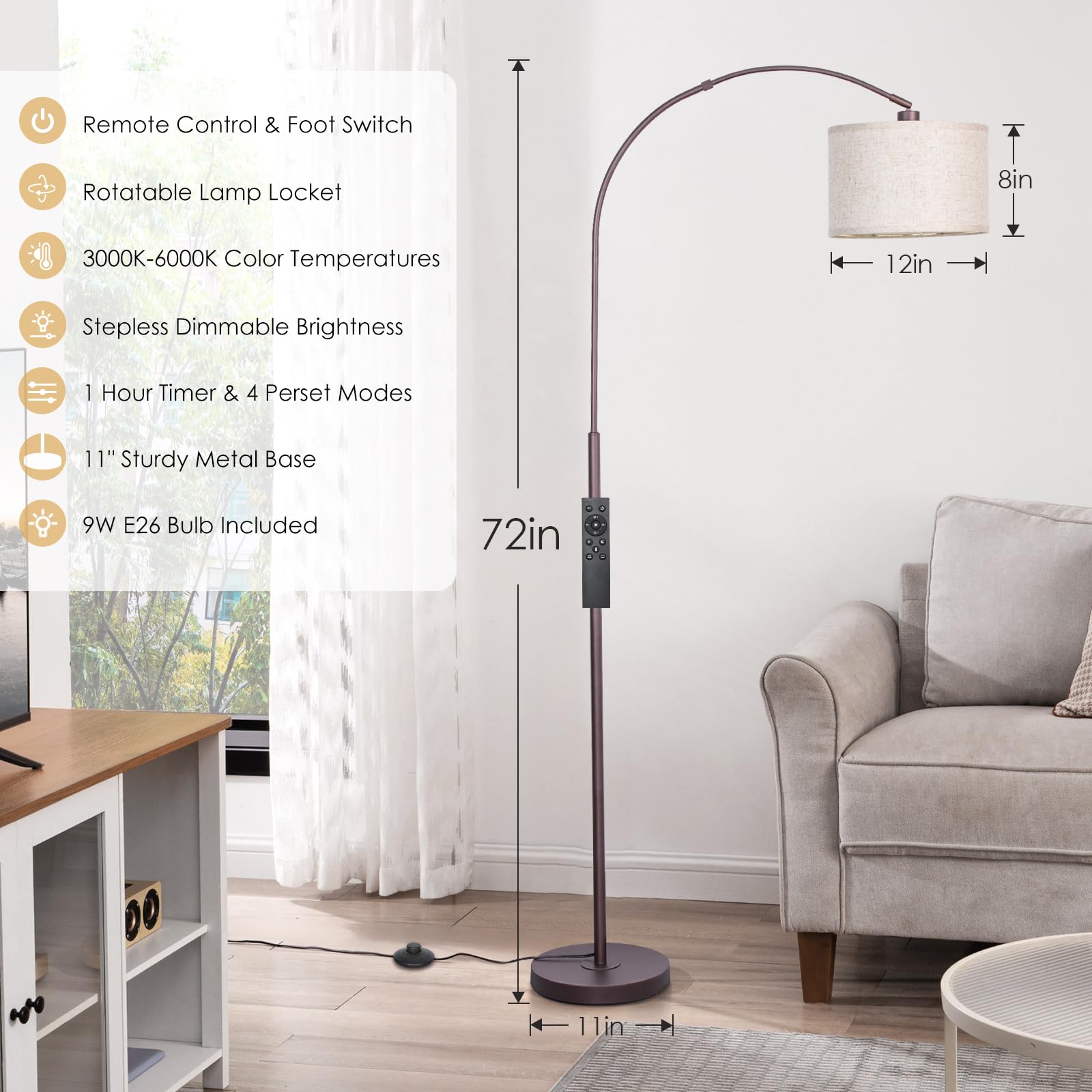 Qingmiao Arc Floor Lamp with Remote, Dimmable Bulb, Metal, Brown, Model QM-FL-ARC