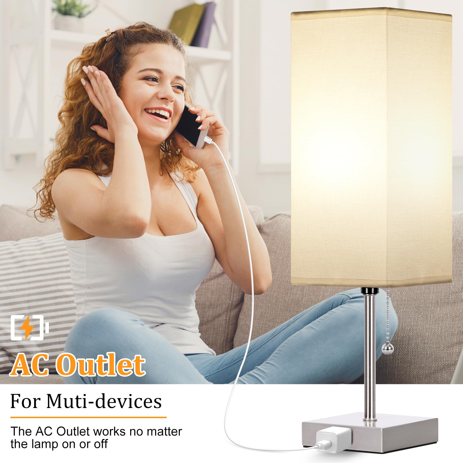 Table Lamp For Bedroom Set Of 2,3-Color Bedside Lamps With Pull Chain Table Lamps For Nightstand With Ac Outlets,18'' Night Ligh