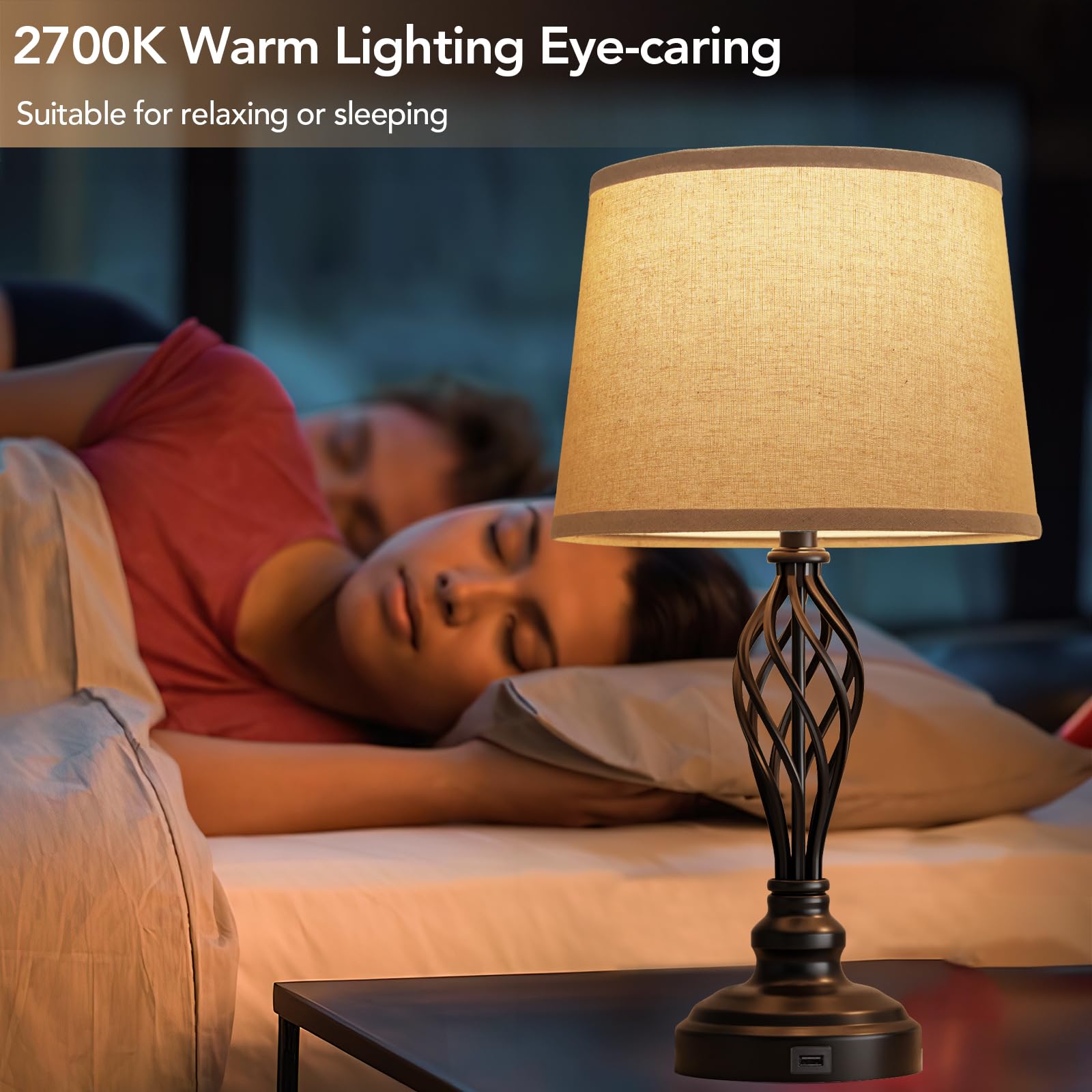 Partphoner Set Of 2 Table Lamps With Usb Port, Farmhouse Bedside Lamps With 3-Color Temperature, Nightstand Lamp Large Cream Dru