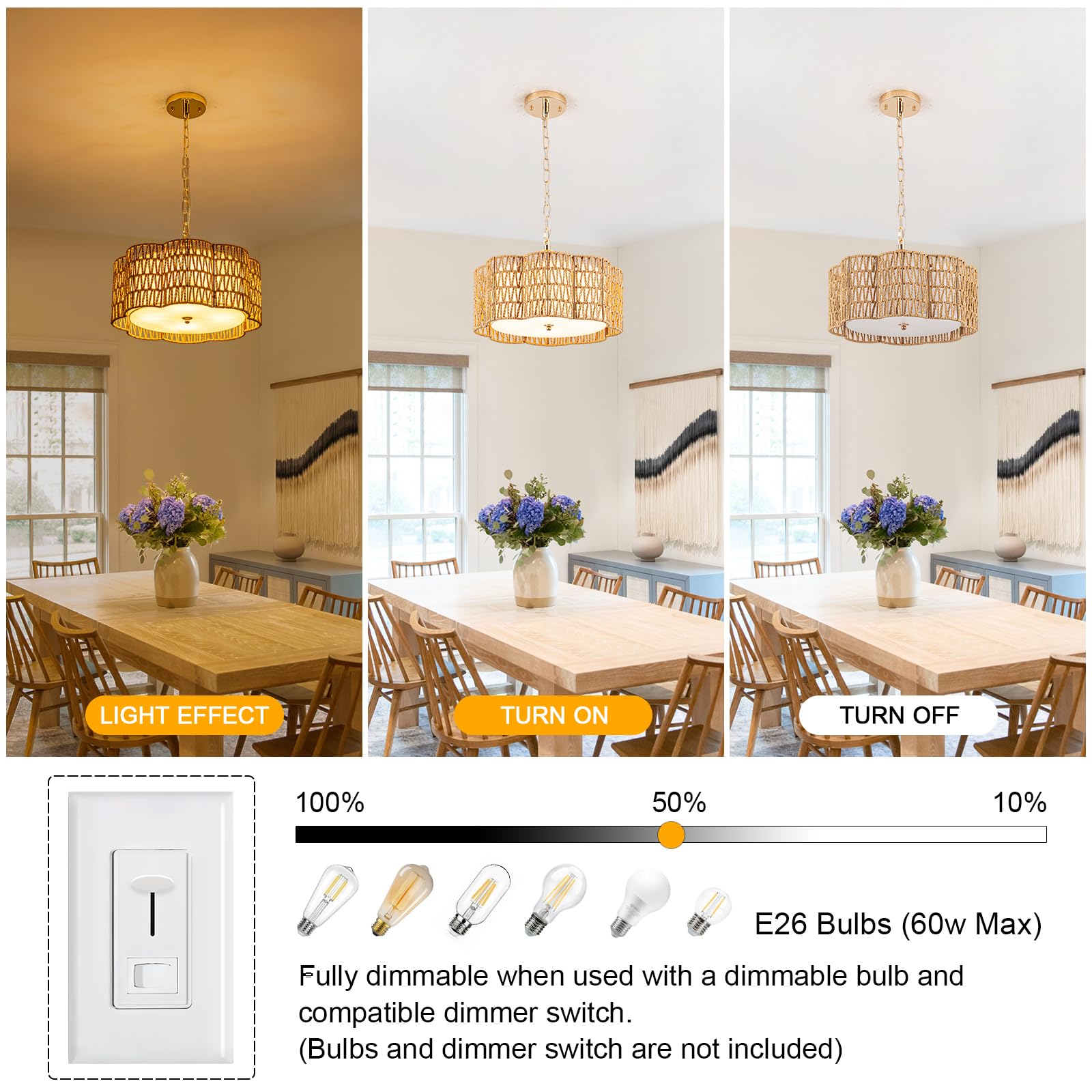 Plum Blossom Ceiling Light & Rattan Chandelier With Fabric Shade(16.5'' 4Light) | Vul-Listed Flush Mount & Fire-Safe Pc Panels F