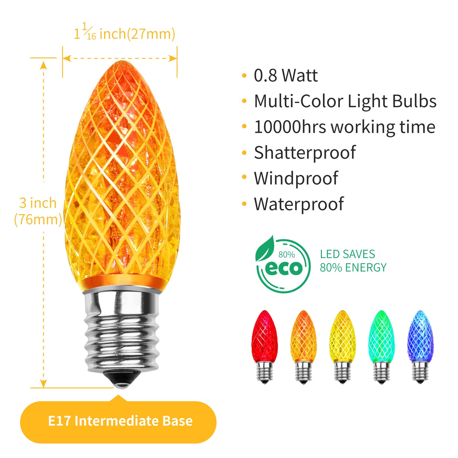 Meconard C9 Led Replacement Christmas Light Bulbs, C9 Shatterproof Led Bulbs For Christmas Indoor Outdoor String Lights, E17 Intermediate Base, Commercial Grade Holiday Bulbs, Multi-Color, 25Pack
