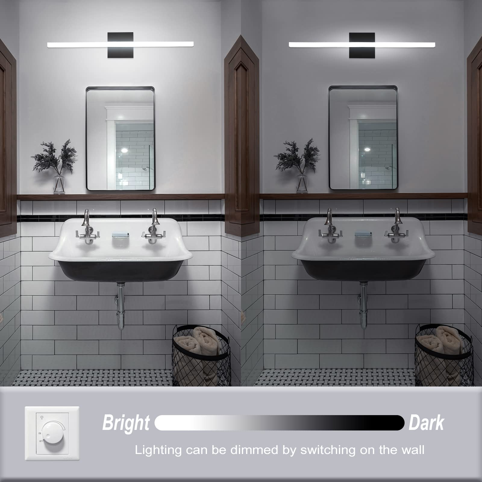 Combuh Bathroom Light Fixtures Dimmable Black Vanity Lights Bar 24 Inch 14W Bathroom Lights Over Mirror Ip44 Wall Sconces Daylig