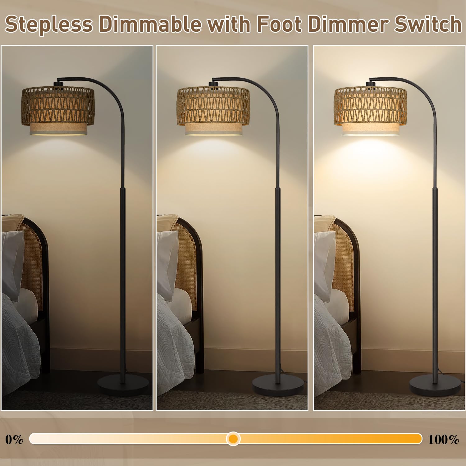 Arc Floor Lamp Black, Boho Floor Lamps For Living Room, Dimmable Standing Tall Lamps With Rattan Fabric Shade, Modern Floor Lamp